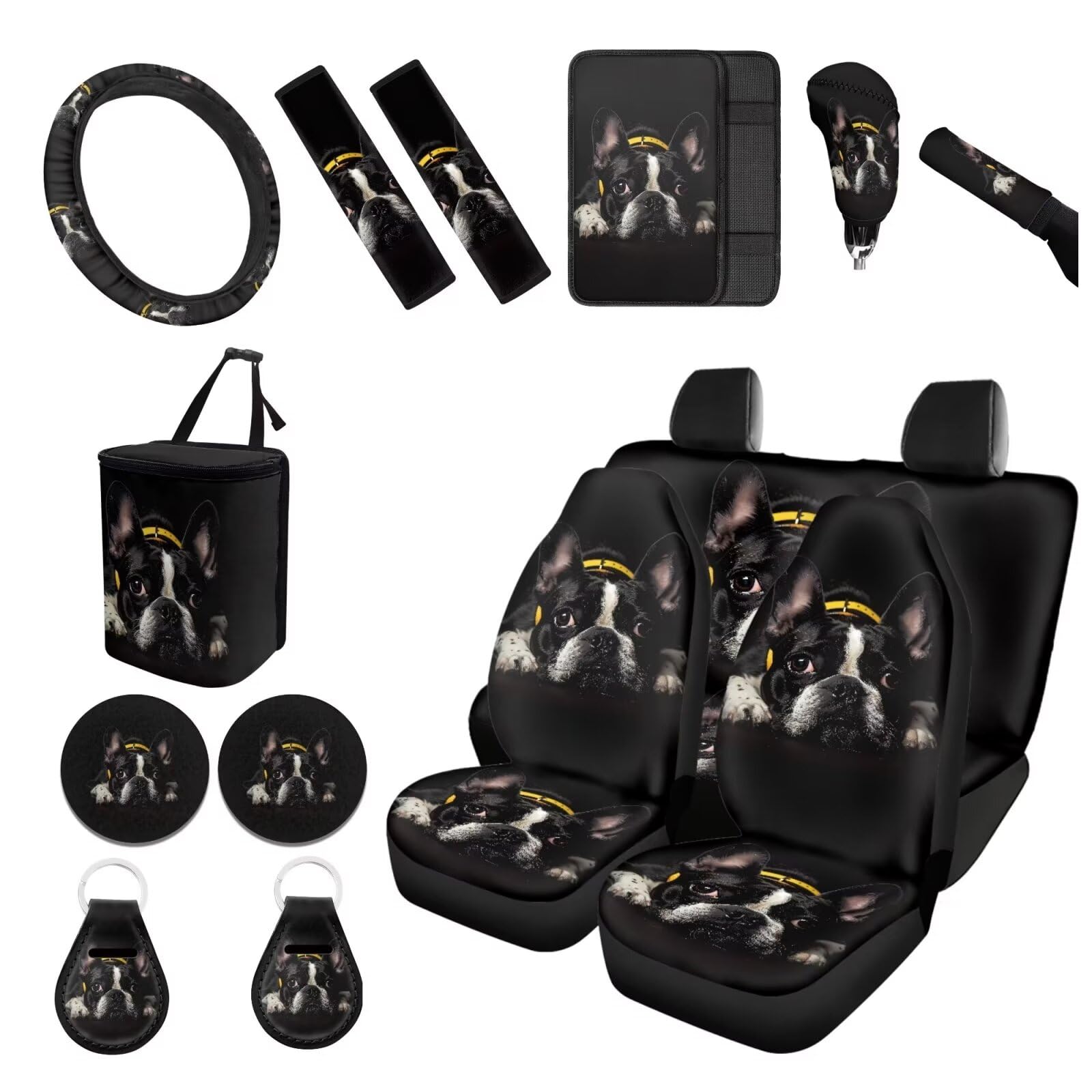 Forchrinse Cute Boston Terrier Car Seat Covers for Women 15Pcs Auto Interior Set with Steering Wheel Cover,Armrest Seatbelt Cover,Car Trash Can,