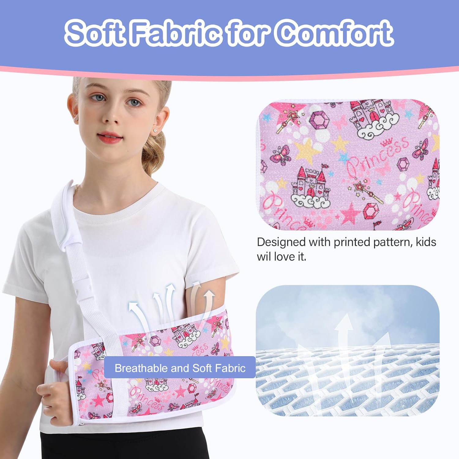 Kids Arm Sling for Broken Arm, Torn Rotator Cuff, Shoulder Elbow Wrist Injury, Printed Pediatric Brace Support (Purple Princess, Small) - Image 4