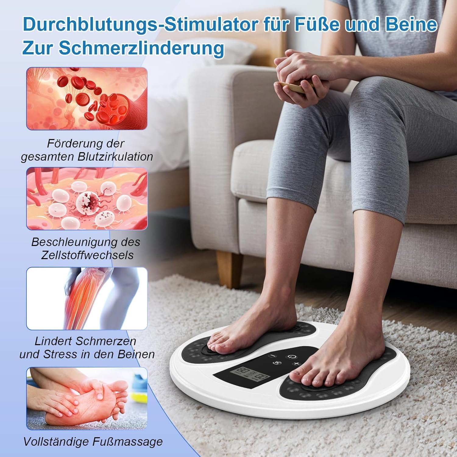 EMS & TENS Fußmassagegerät mit 660nm + 850nm Rotlichttherapie, Durchblutungs-Stimulator für Beine und Füße, Elektrische Fußmassage mit 4 Pads, 10 Modi & 20 Intensitätsstufen