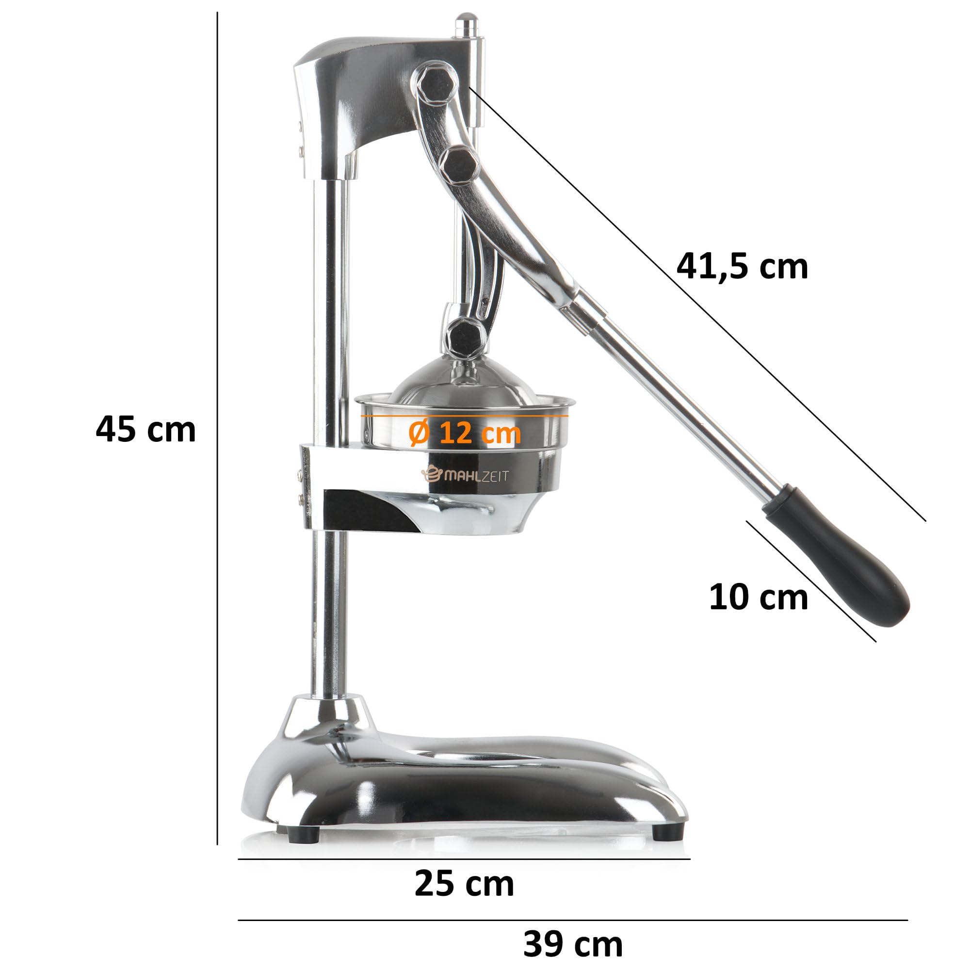 Mahlzeit Edelstahl Saftpresse manuell | Hebel Zitruspresse | Handpresse, Fruchtsaftpresse, Orangenpresse, Zitronenpresse für mehr Saft | Entsafter für Orangen, Zitronen, Limetten (Silber)