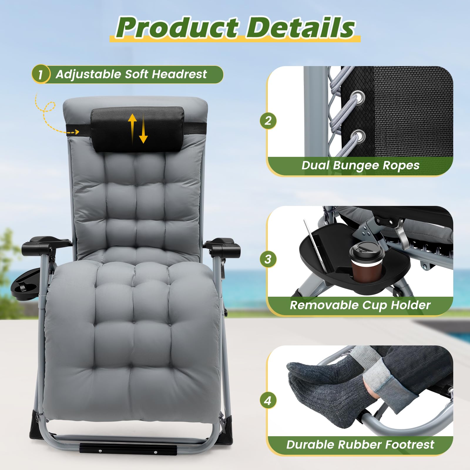 sdraio da giardino,sdraio da spiaggia,Sedia per gravità zero reclinabile all'aperto con portabicchieri, sedia per sdraio allungabile extra larga, con supporto per cuscini 200kg(72 cm grigio)