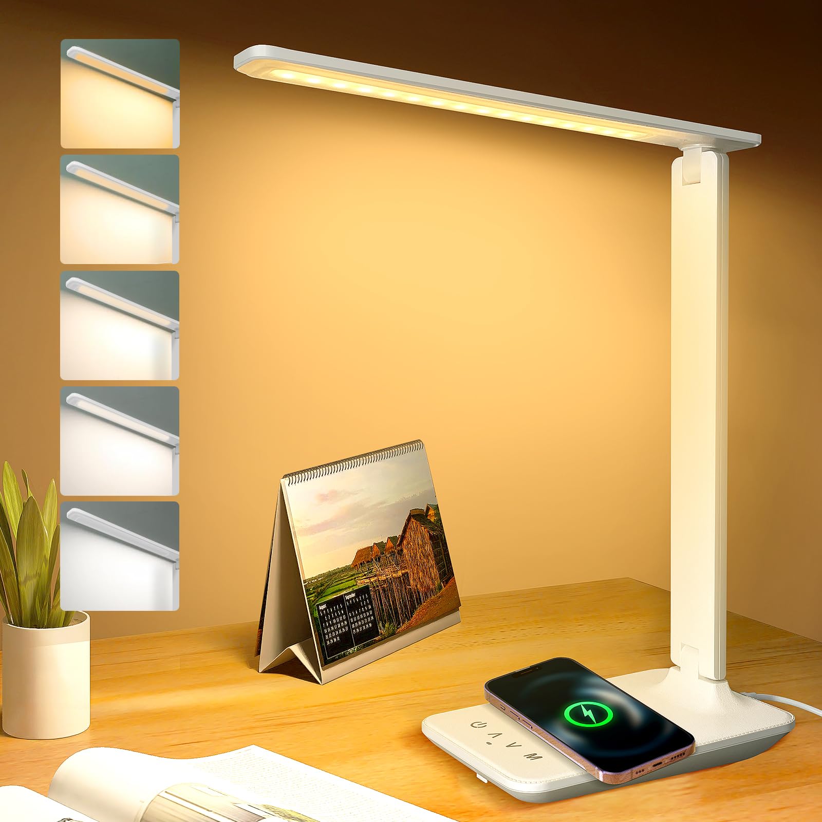 joyshie lámpara de escritorio LED con QI carga inalámbrica, Flexo de Escritorio con luz nocturna, lampara de escritorio con control táctil, Puerto de carga USB, 5 niveles de luminosidad 5 modos