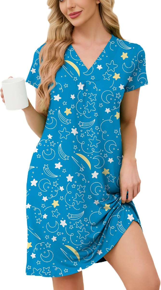 Chunoy Women Soft Cotton Nightgown Short Sleeve Night Shirts Sleepwear Dress with Pockets