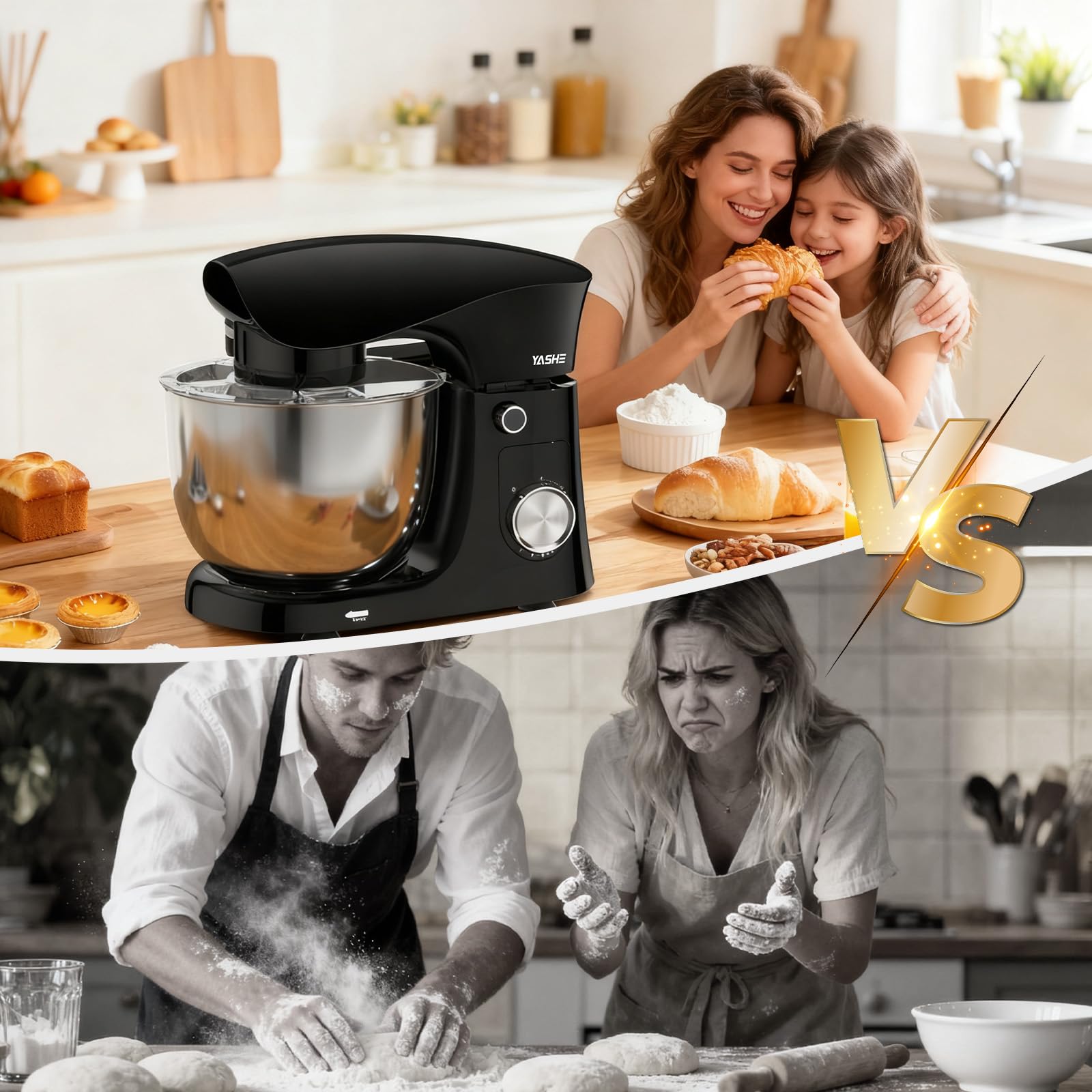 YASHE Robot Pâtissier 1500W, 4,5L + 5L Deux Bols en Acier Inoxydable, 10+P Vitesses, Tête Inclinable, Crochet à Pâte, Batteur & Fouet, Robot Pétrin Professionnel