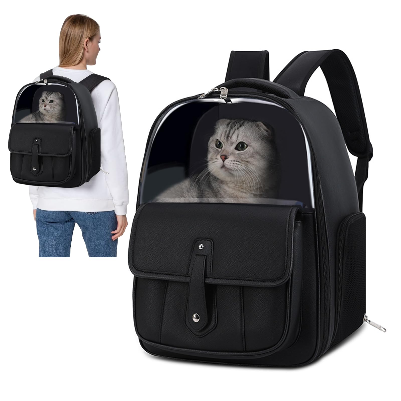 PETCUTE Haustier Hunde Katzen Rucksack,Tragbar Haustierrucksack Hunderucksack mit Transparentem PVC,Atmungsaktive Rucksäcke für Hunde&Katzen,Katzenrucksack mit Abnehmbarem Kissen,Für Reisen,Wander