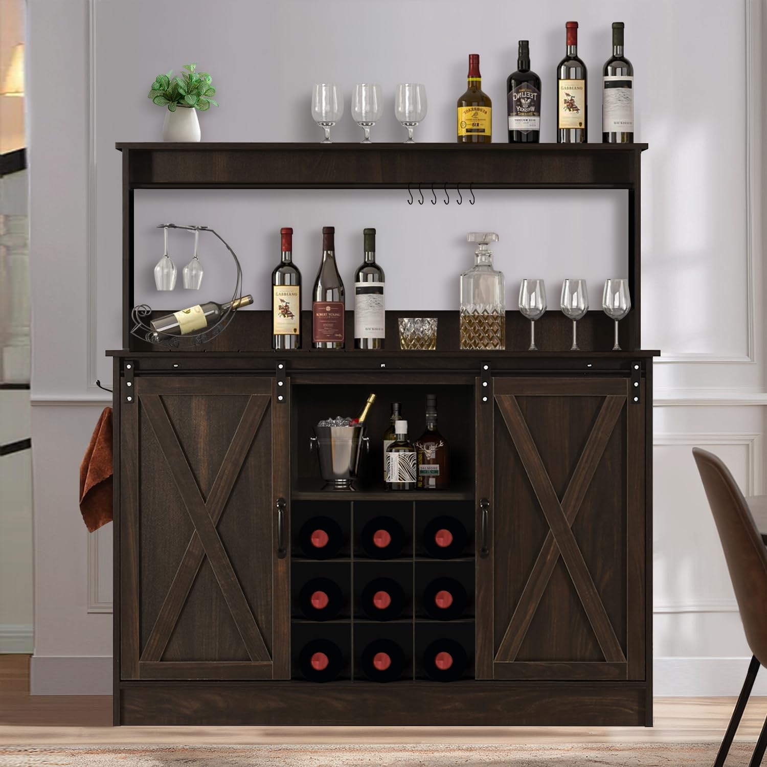 4ever2buy Farmhouse Coffee Bar Cabinet with 6 Hooks, 47” Liquor Wine Bar Cabinet with 9 Wine Racks, Kitchen Buffet Storage Cabinet with Adjustable Shelves for Living Dining Room, Dark Oak