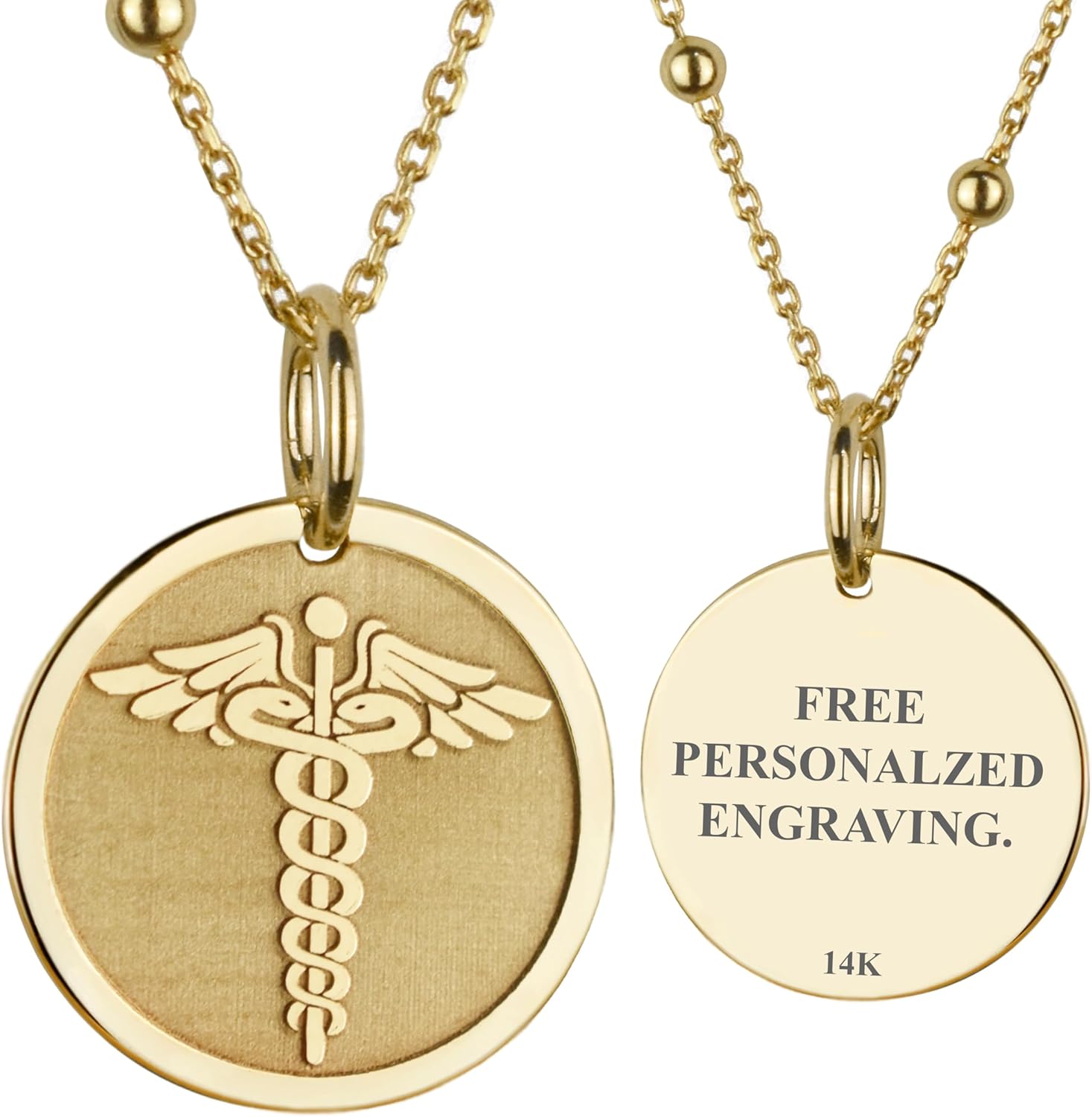 14K Gold The Caduceus Necklace | Medical Symbol Charm | Dainty Caduceus Medallion | Personalized Medic Coin Pendant | Medical Jewelry | Gift for Doctor | Medical Alert Symbol Disc | Gift for Nurse