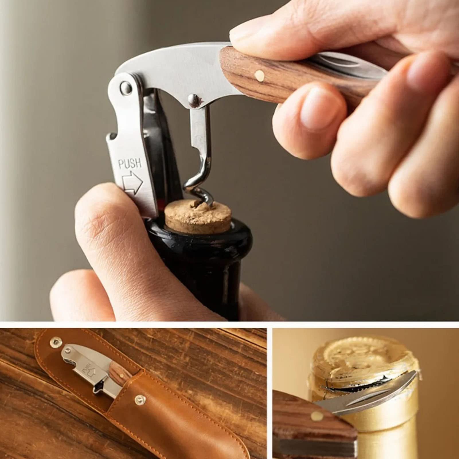 Apribottiglie, Cavatappi per Camerieri Professionali 5 Cerchi Apribottiglie per Vino, Chiave per Vino in Acciaio Inossidabile Apribottiglie Portatile con Manico in Legno con