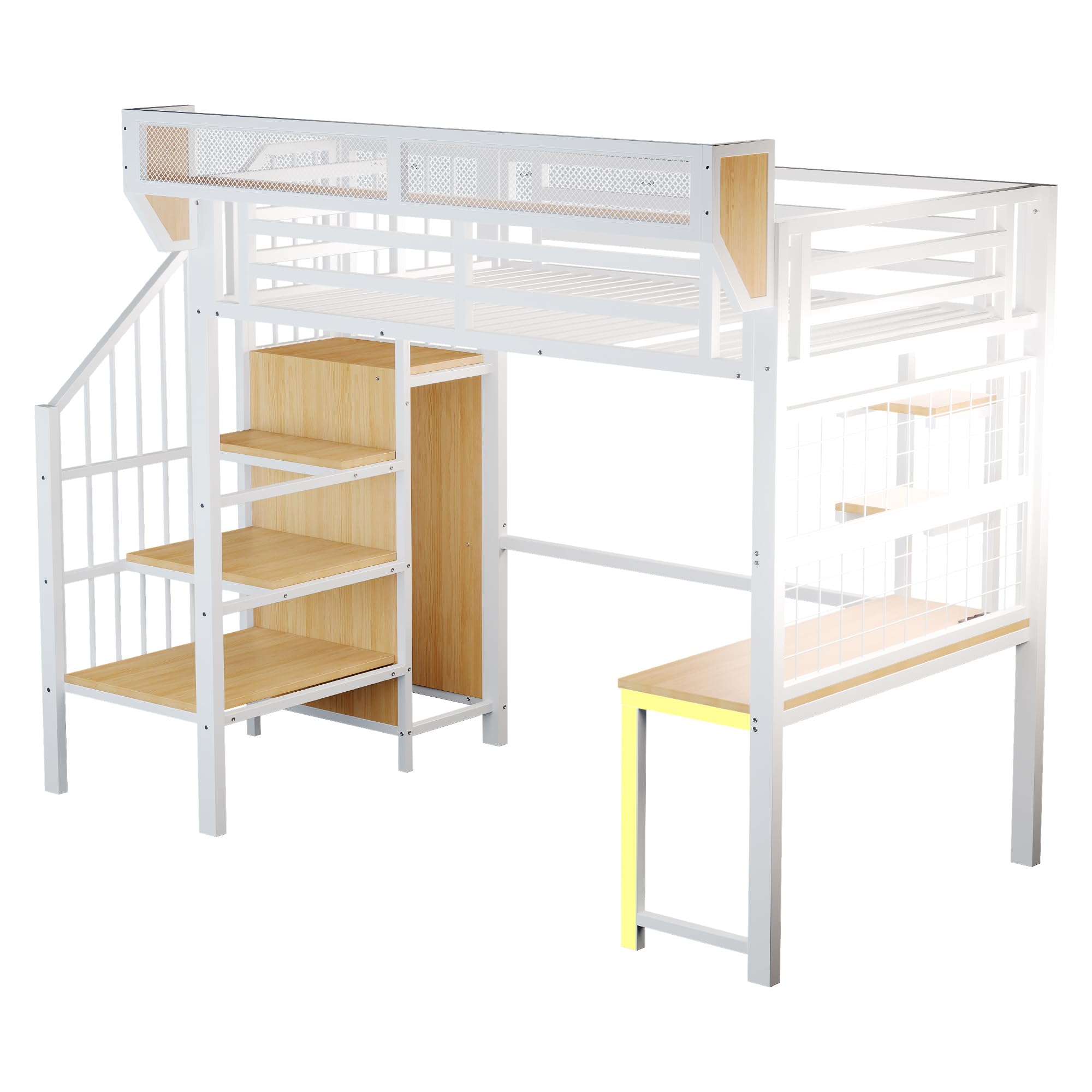 Dolamaní Letto a soppalco 90 × 200 cm in metallo con scala di sicurezza e armadio, altezza 191 cm letto con ripiani in rete rimovibili, illuminazione a LED, scrivania (bianco C)