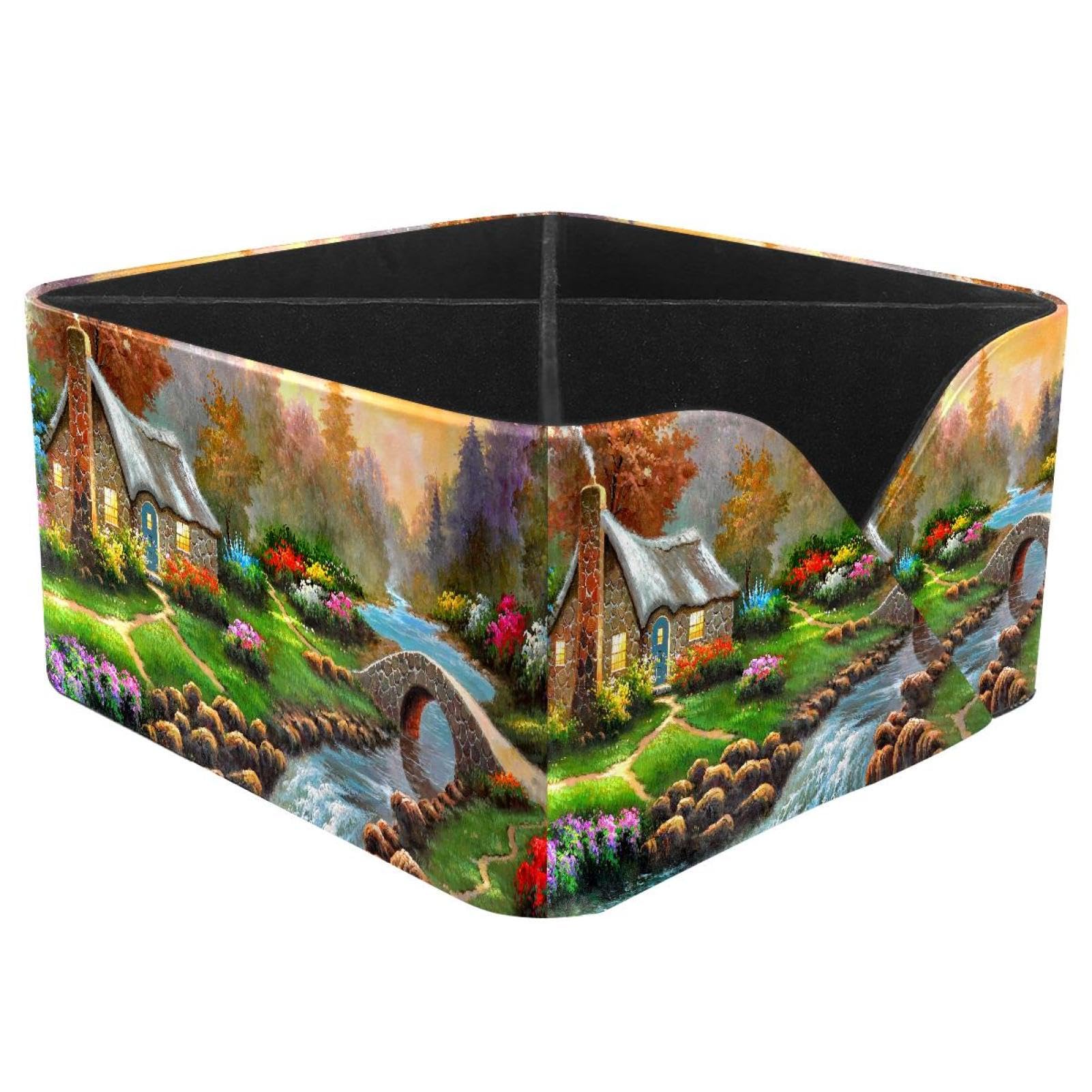 KengjuTesu Magic Village Painting Desktop Organizer Pen Holder, Rectangular Pencil Cup for Office, Study and Makeup Stations