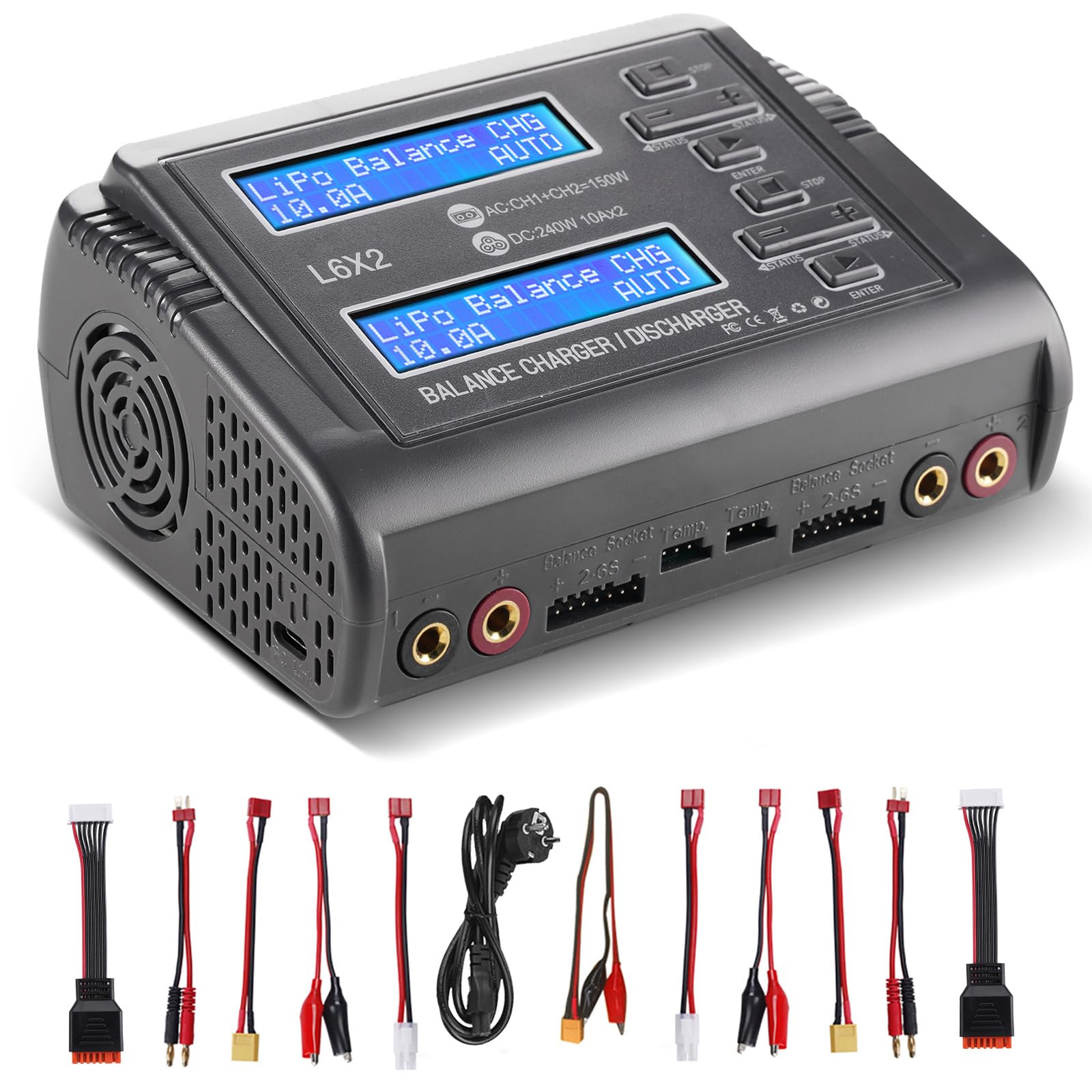 Haisito Lipo Akkus Dual Entlader RC Balancer Ladegerät/Entlader für Lilon LiPo Life LiHV NiCd NiMH PB Smart Batterie Dual-Multi-Ladegerät AC 150W / DC 240W 10A für RC Car Drohne Batterien