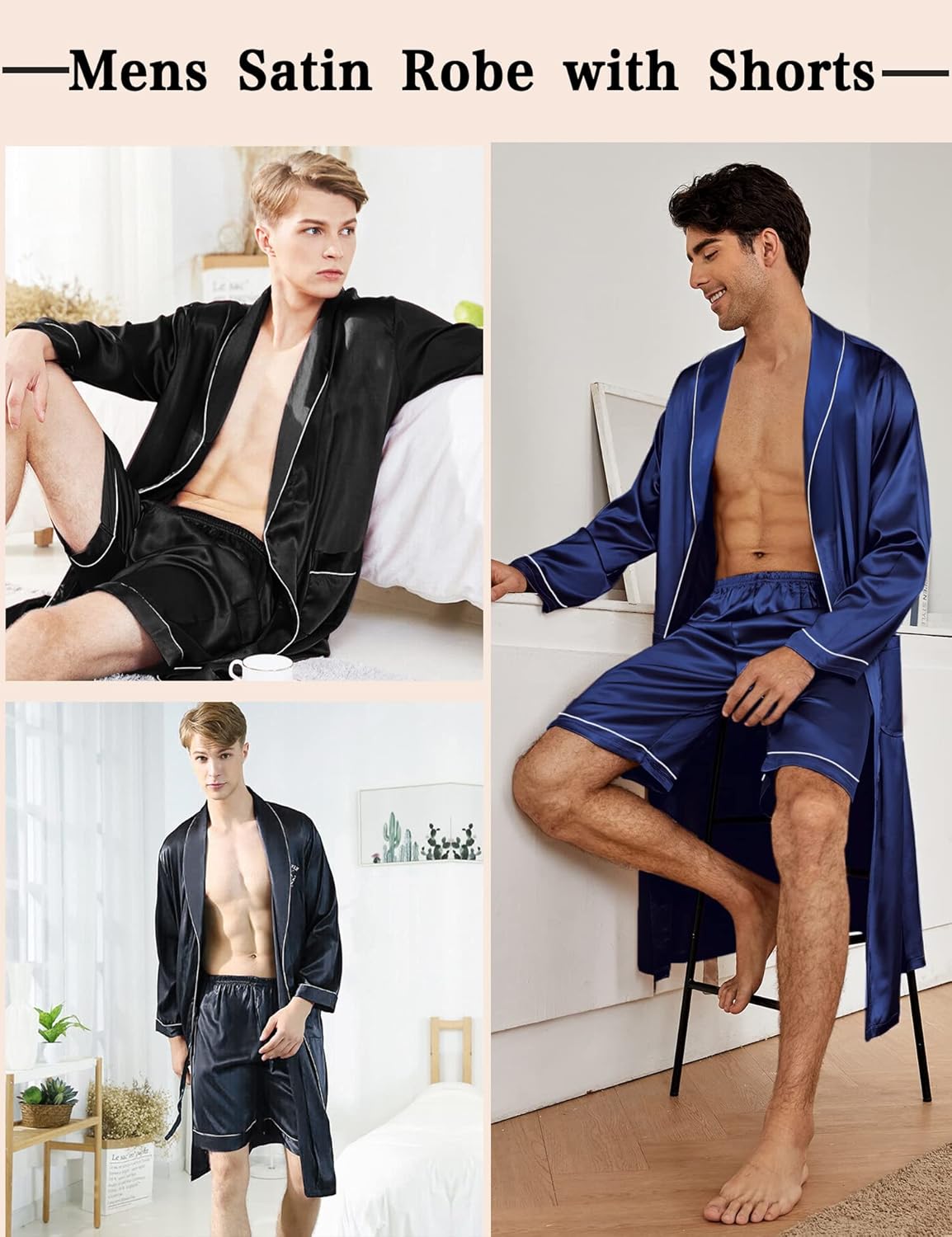 SWOMOG Men's Satin Robe Silky Kimono Bathrobe with Shorts Set Lightweight Soft Loungewear Nightwear - Image 3