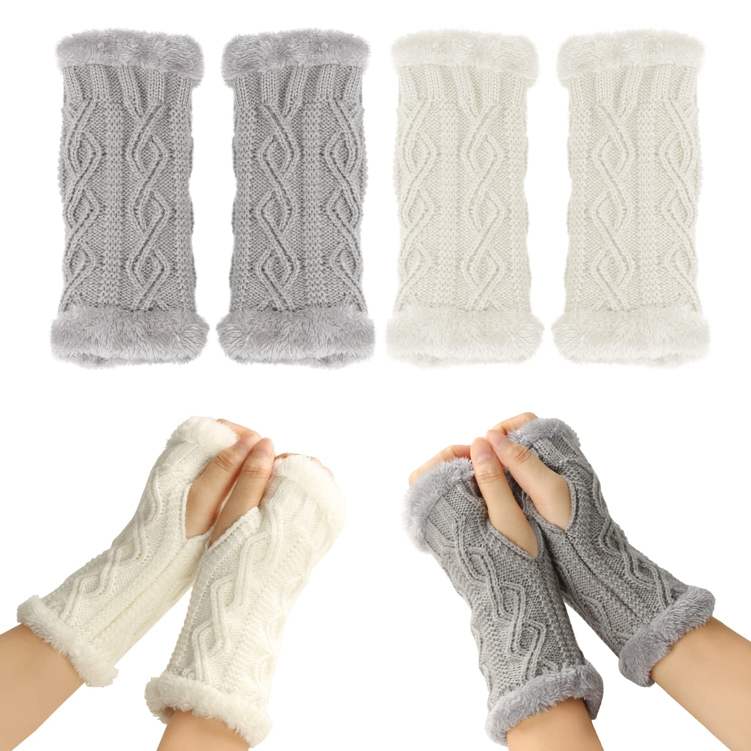 NINVVS Ladies Fingerless Gloves - Warm, Soft & Thick Winter Arm Warmers (White, Gray)