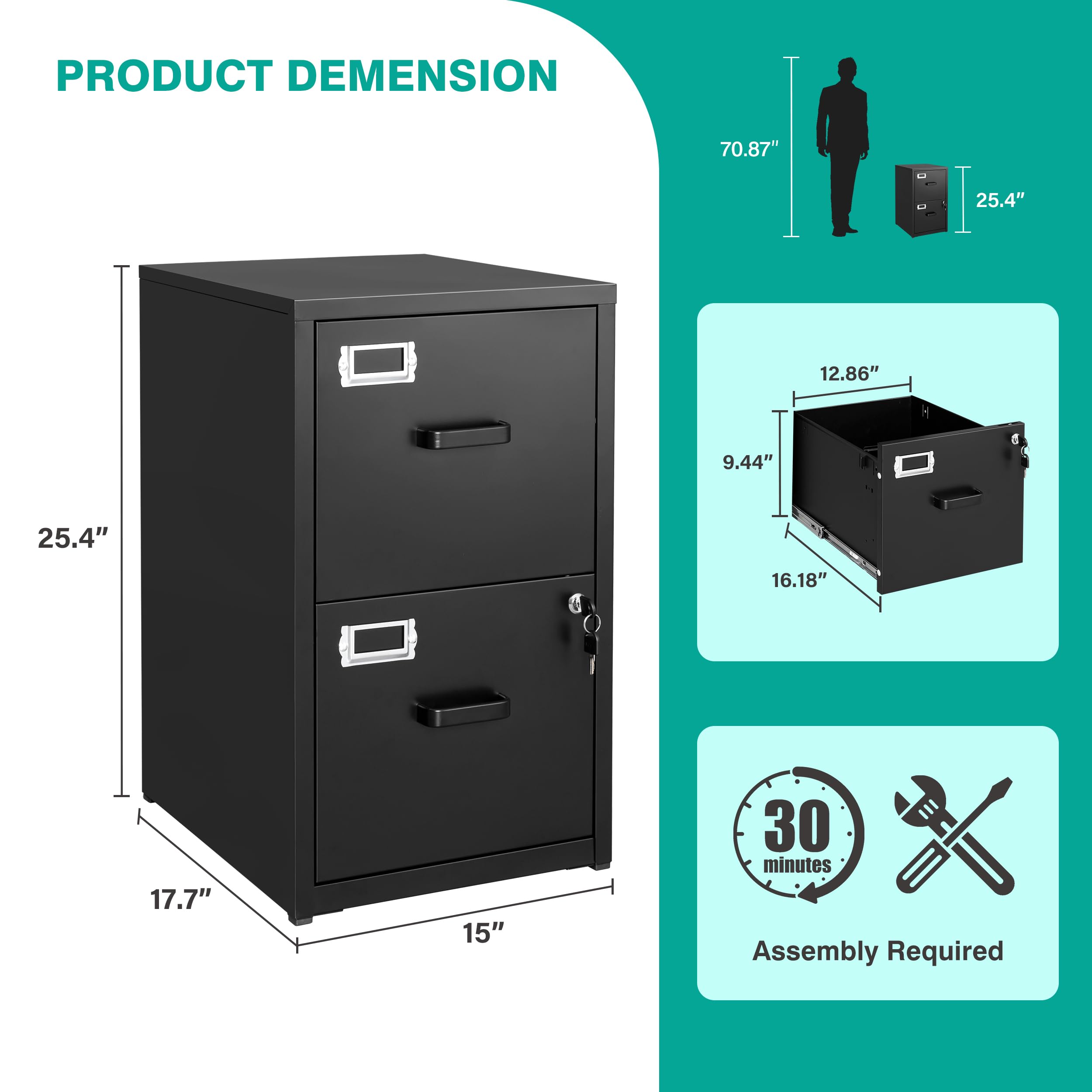 SISESOL 2 Drawer File Cabinet with Lock,Narrow Vertical Filing Cabinet,Under Desk File Cabinets,Black Metal File Cabinets for Home Office,Fit Letter Size,Files Folder,Easy Assemble