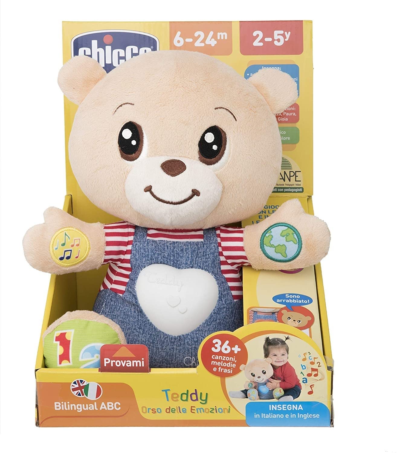 Chicco Miś uczy emocji, dwujęzyczny interaktywny pluszowy miś, edukacyjny miś z emocjami, liczbami i literami, pluszowa zabawka dla dzieci ze światłami i piosenkami - zabawki dla dzieci od 6 miesięcy