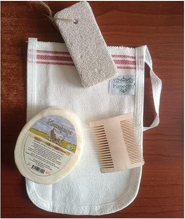 Goat Milk Natural Sponge Soap, Pouch, Boxwood Comb, Pumice Heel Stone 4-Piece Hygienic Set