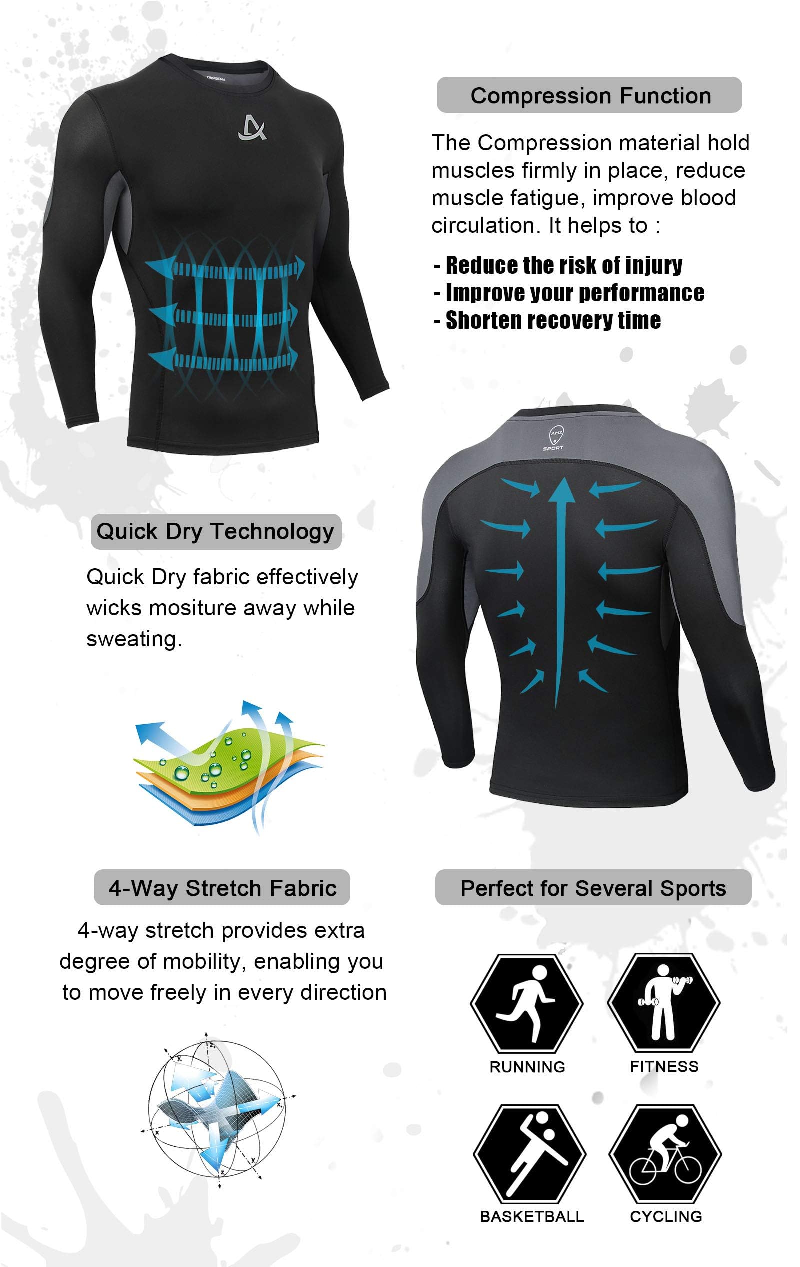AMZSPORT Camicia a Compressione da Uomo, Maglietta a Maniche Lunghe Cool Dry Layer Fitness Top