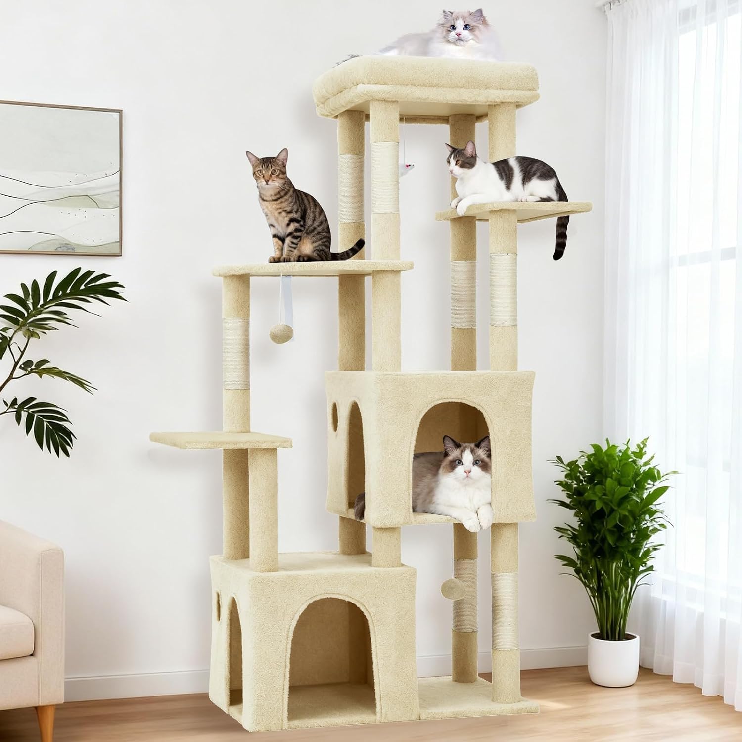 Takywep Beige 61" Heavy Duty Cat Tree for Large Indoor Cats & Maine Coon, Warm Multi-Level Cat Tower with Extra Large Perch, 2 Spacious Condos, Natural Sisal Scratching Posts & Interactive Toys