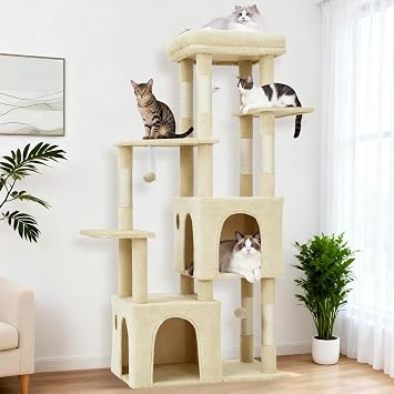 Takywep Beige 61" Heavy Duty Cat Tree for Large Indoor Cats & Maine Coon, Warm Multi-Level Cat Tower with Extra Large Perch, 2 Spacious Condos, Natural Sisal Scratching Posts & Interactive Toys