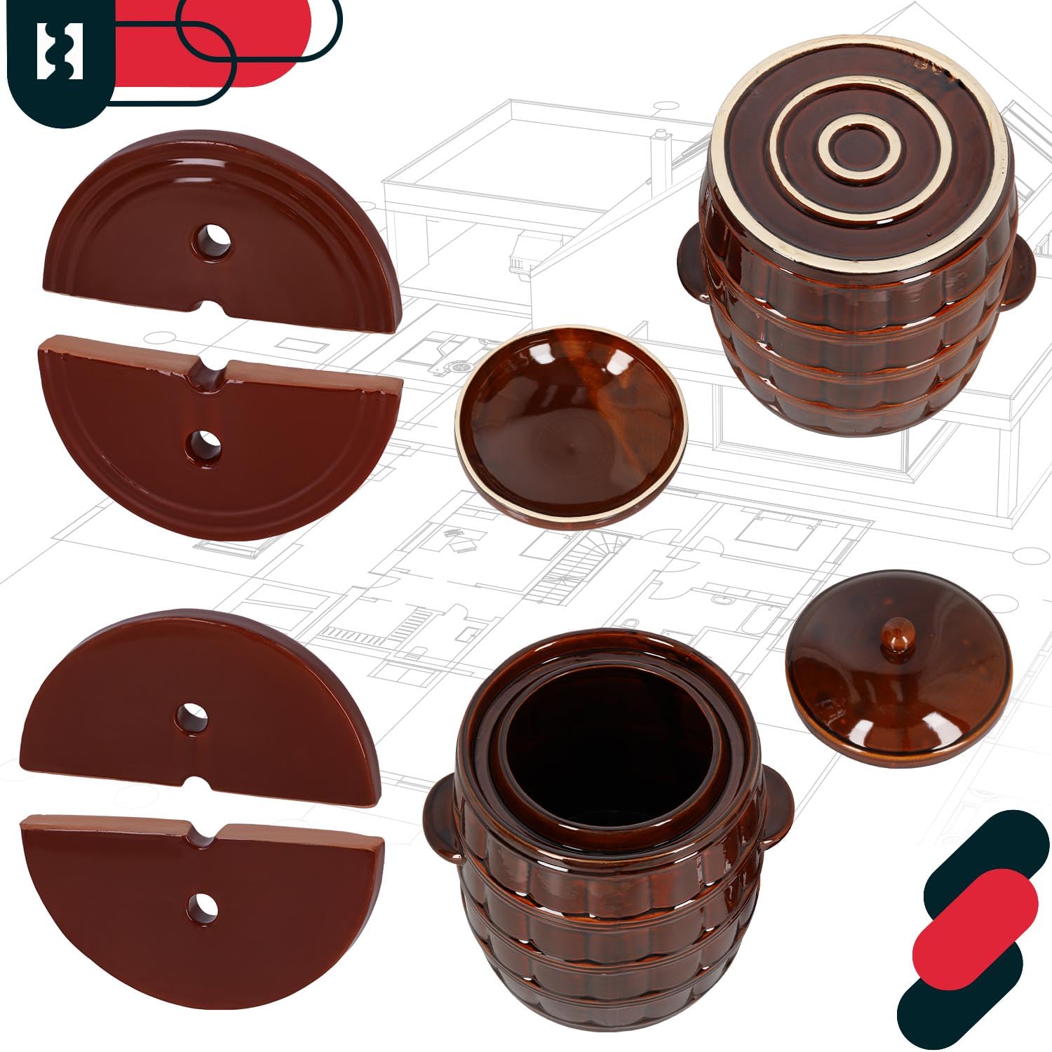 Kotarbau® - Pentola per fermentazione in terracotta ermeticamente chiudibile SizeName da usare per la fermentazione con coperchio + pietra di peso, marrone, 25 L