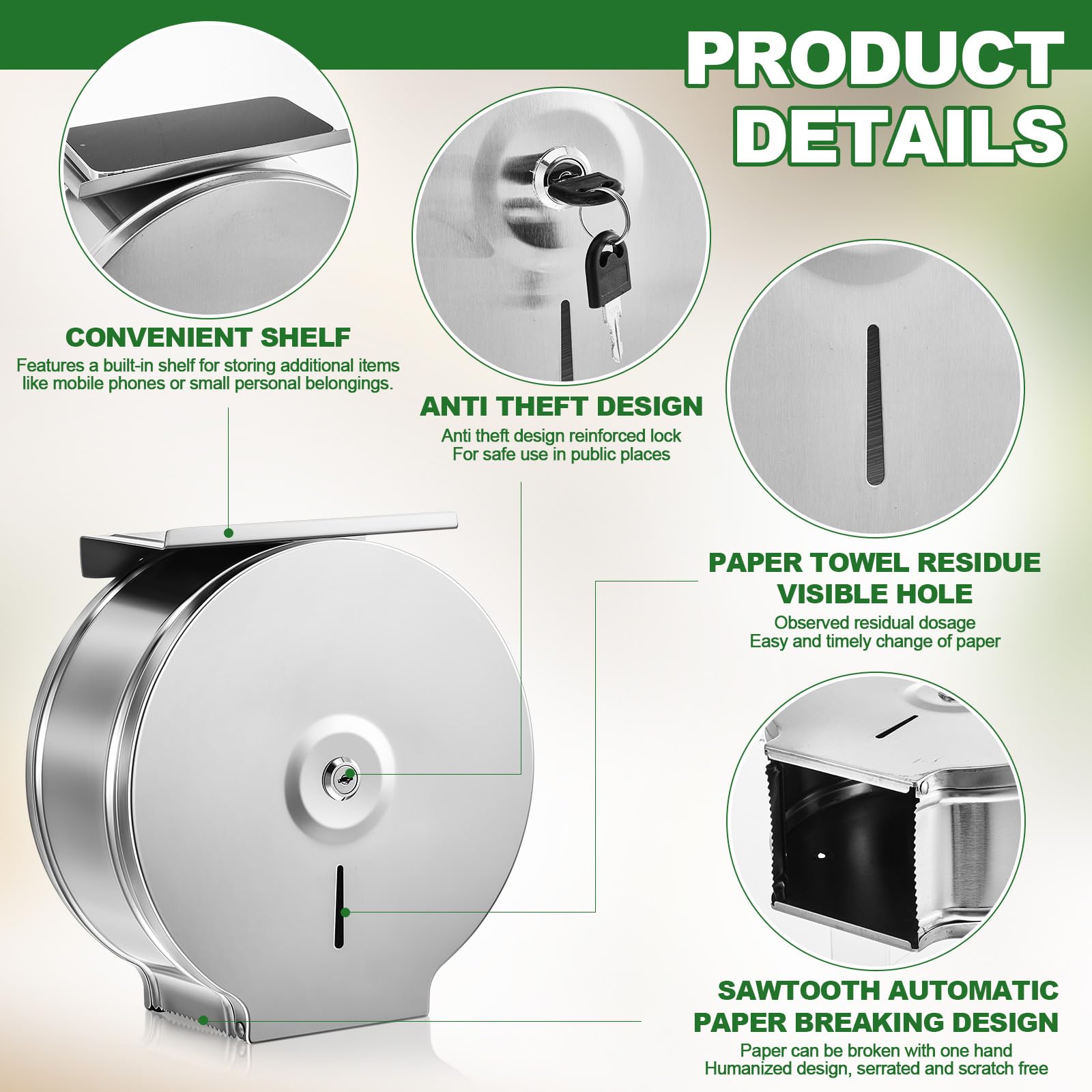 Mifoci 2 dispensadores de papel higiénico con estante de montaje en pared, soporte de papel higiénico comercial de acero inoxidable de 9 pulgadas, dispensador de pañuelos con cerradura y llave para