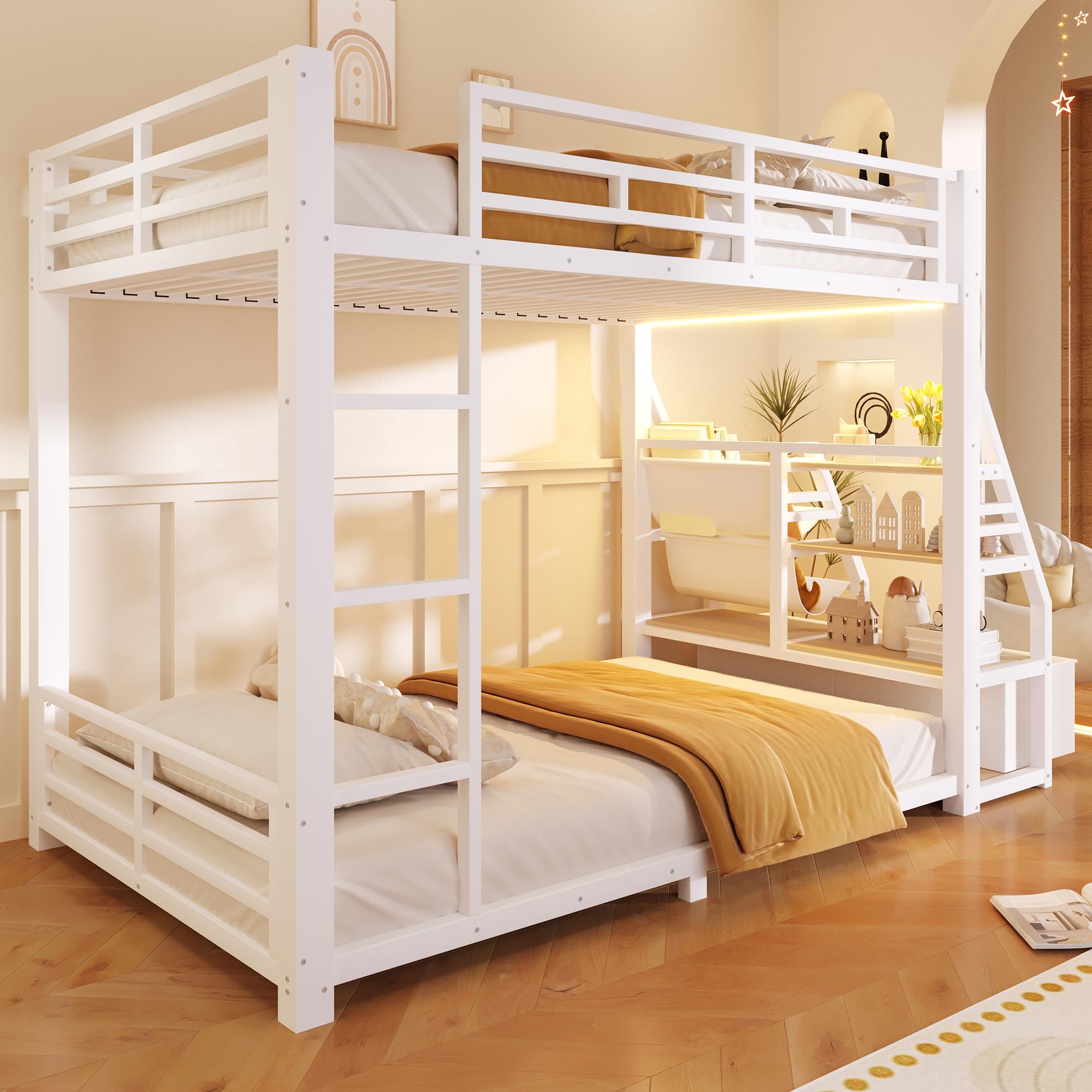 Sapgaks Lit superposé Enfant en métal 90 x 200 avec éclairage LED et 2 tiroirs en Tissu,Rangement,lit Enfant 90x200,Cadre de lit 2 Personne,Blanc