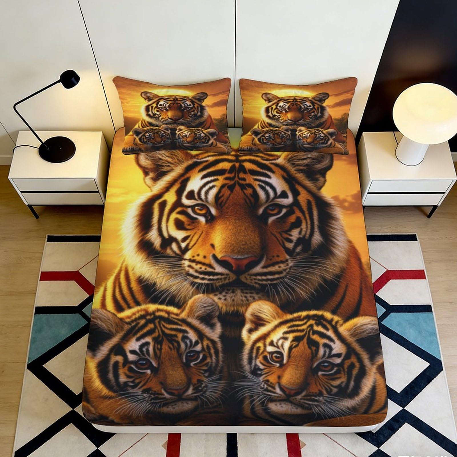 3D Printed Tiger Family Fitted Sheet Microfiber Soft Breathable Wild Animal Bed Sheet for Bedroom Dorm Decor 90x200x25cm