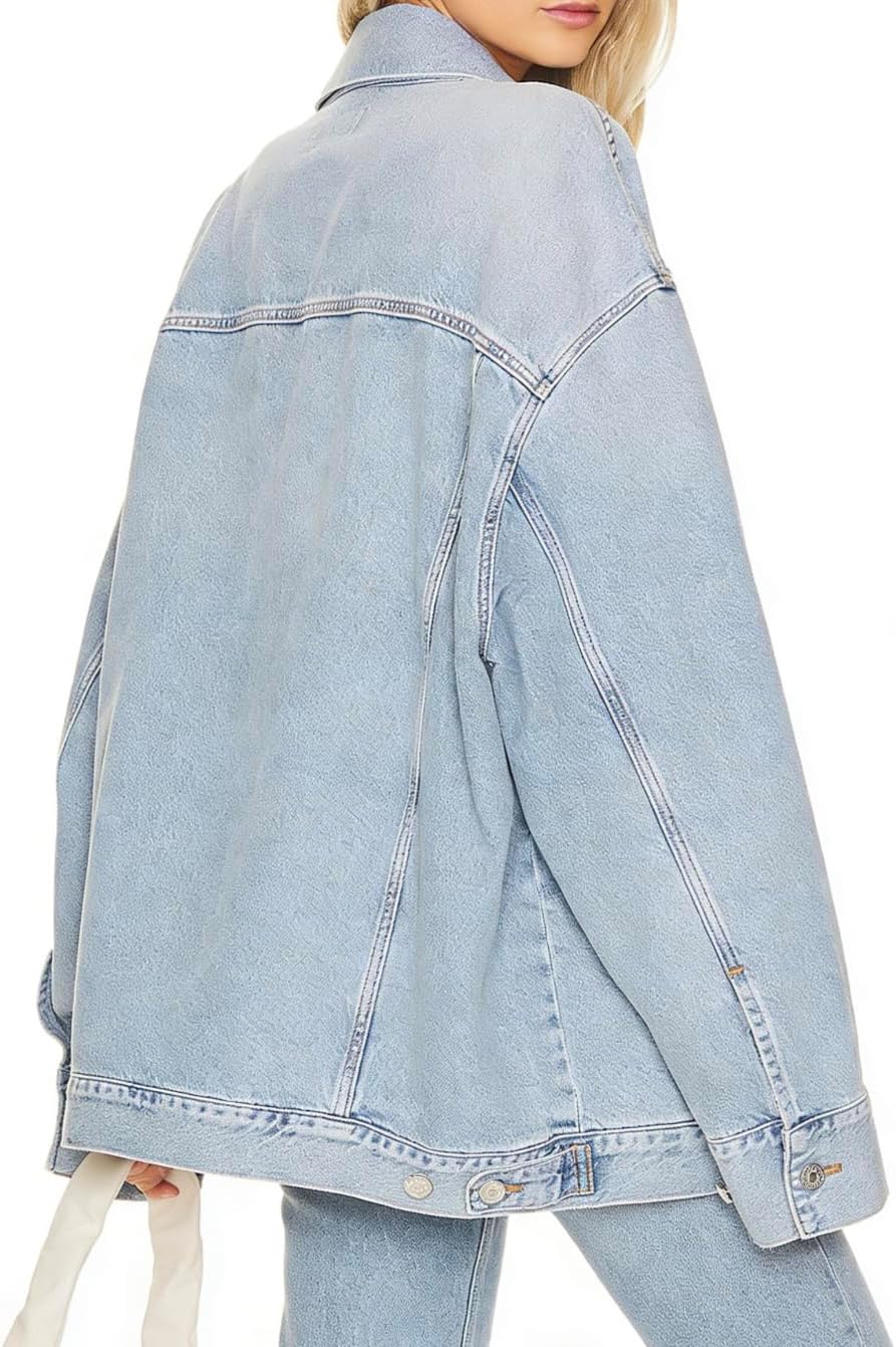 Tsher Women's Vintage Washed Oversized Boyfriend Jean Trucker Jacket Long Sleeve Loose Denim Coat for Casual Wear - Image 5