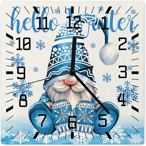 Christmas Gnomes Wooden Wall Clock Silent Non Ticking, Blue Snowflake Winter Xmas Square Wall Clock Battery Operated, Decor Clock for Home Office,
