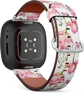 CJBROES Replacement Leather Watch Band, Compatible with Fitbit Versa 3 and Fitbit Sense of Wristband Bracelet Accessory - Watercolor Flowers Green Leaves Wedding