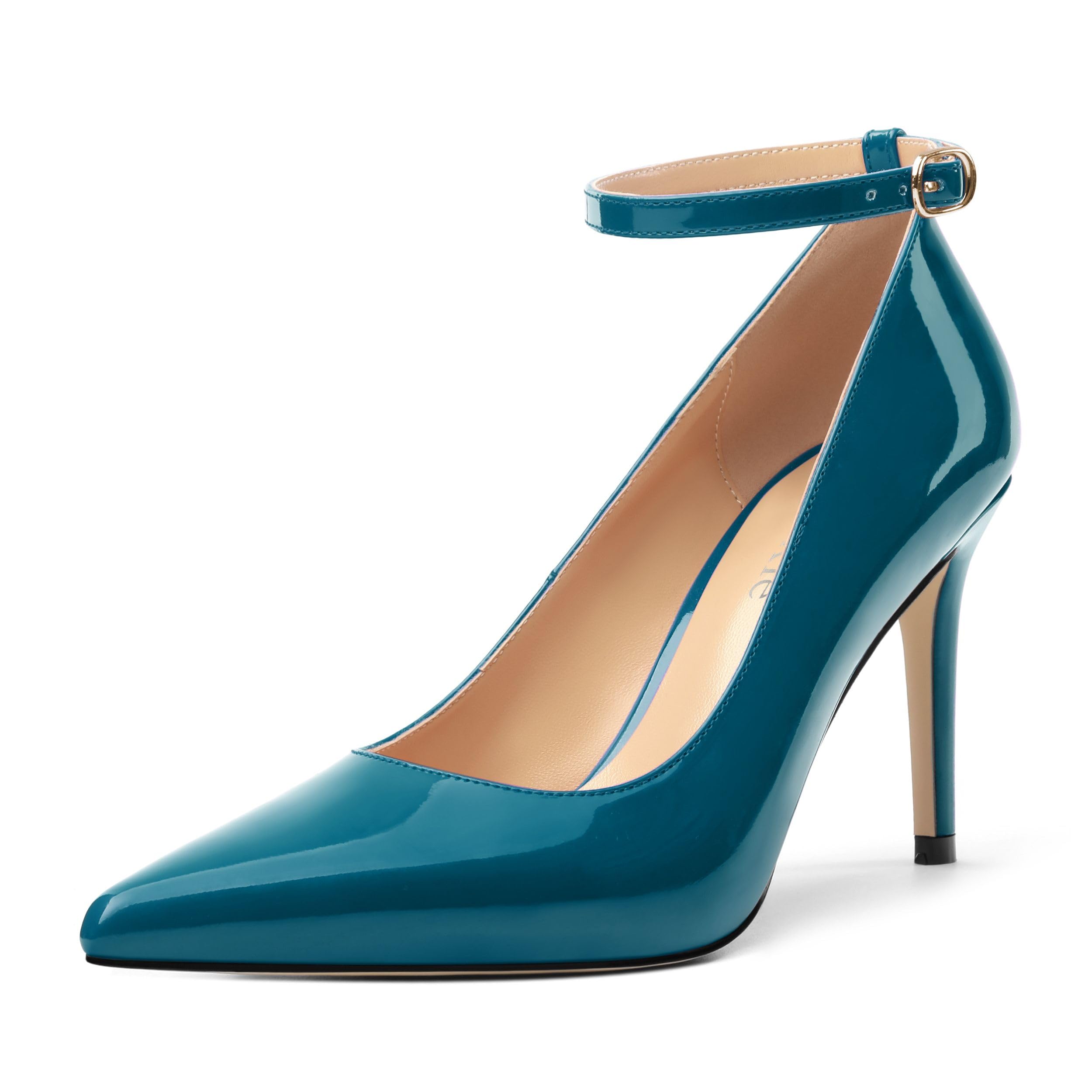 zasudxie Women's Pumps Pointed Toe Ankle Strap Slip On Patent Leather Stiletto High Heels Office Wedding Dress Shoes 3.35 Inch