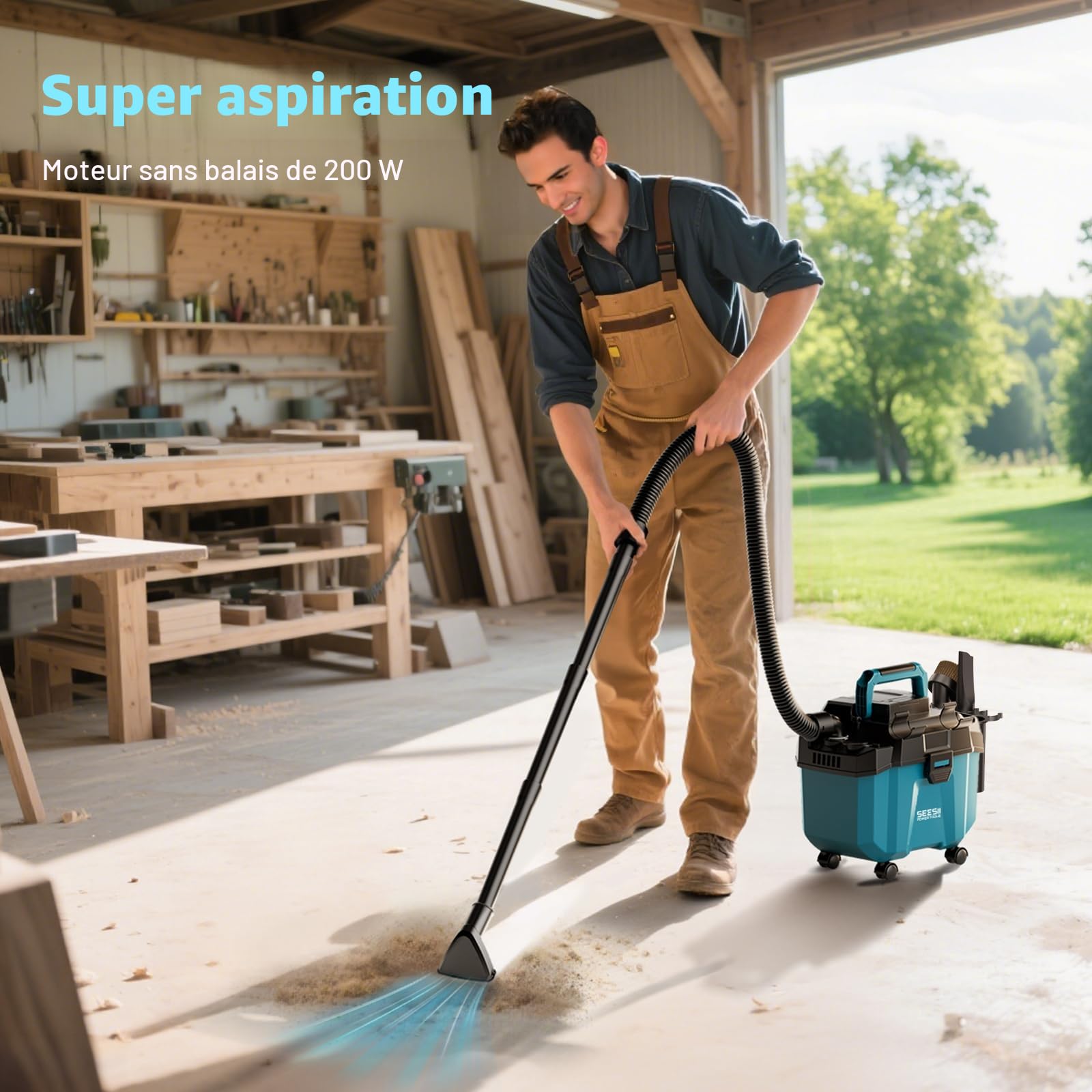 Seesii Aspirateur Eau et Poussière Batterie 8000 mAh (2x4000 mAh), Aspirateur Poussiere et Eau 10 L, avec Sangles, 4 Roues et Accessoires, Idéal pour Atelier, Chantier ou Voiture