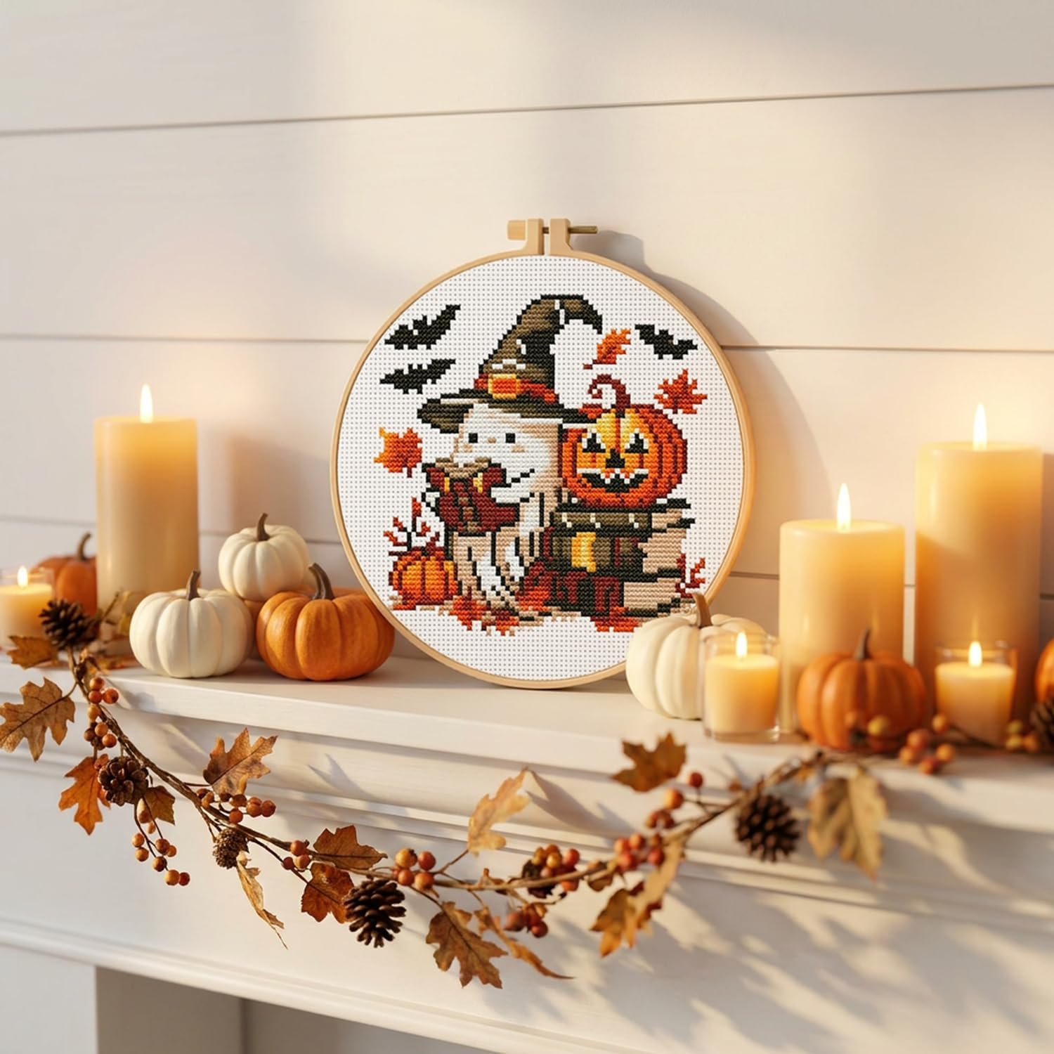 Stamped Cross Stitch Kits for Beginners Adults-Ghost,with Embroidery Hoop