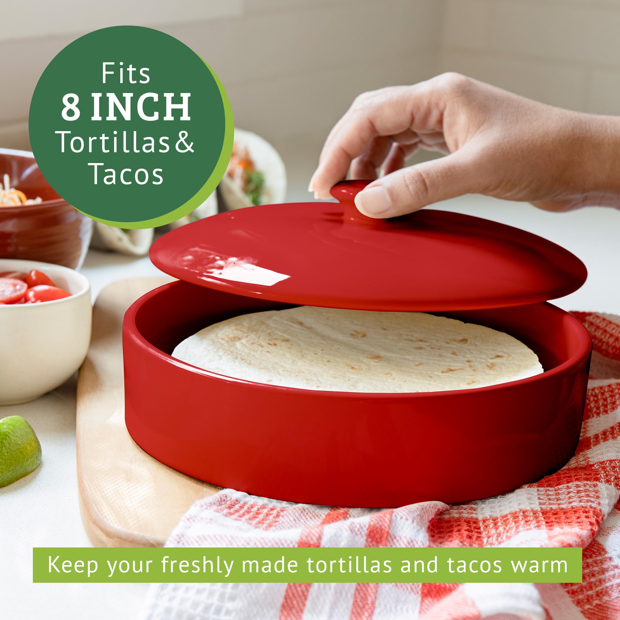 Chauffe-tortilla en Céramique 20 cm, Garde Tortilla Micro-ondable, Spéciale Boîte à Crepes & Tortillas avec Couvercle, Excellent pour Stocker et Chauffer vos Pancakes (Rouge)