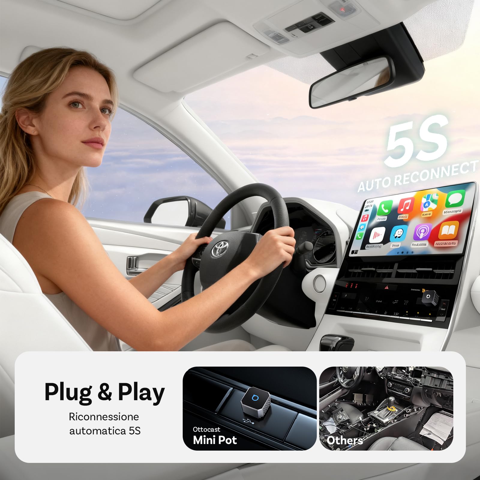 OTTOCAST Mini Pot Type C 2026, Adattatore Wireless USB C 2 in 1 per CarPlay e Android Auto, Compatibile con iOS 10+/Android 11+ e Auto dal 2016 in Poi, Plug & Play, Aggiornamento OTA, Argento