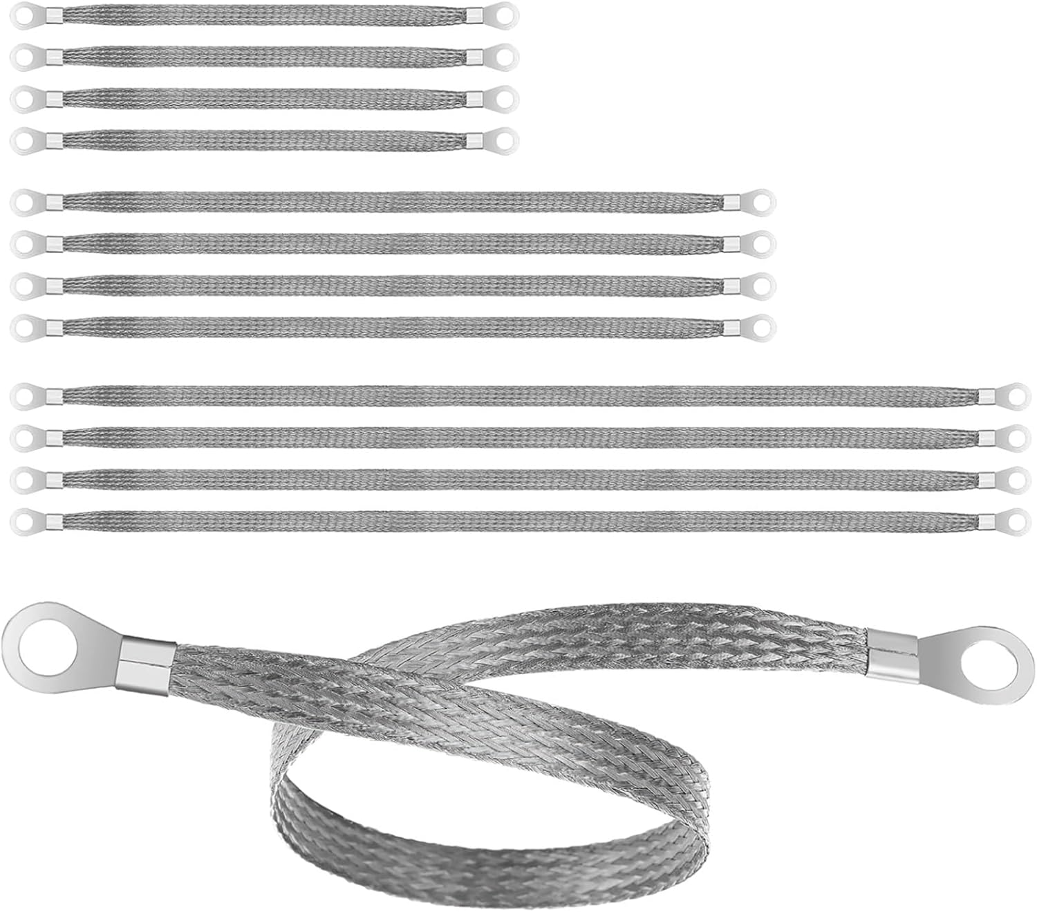 Tinned Copper 12 Pcs Engine Ground Straps, Automotive Battery Cables Silver, Corrosion Resistant Conductivity High, 10 15 20 Inch Assortment