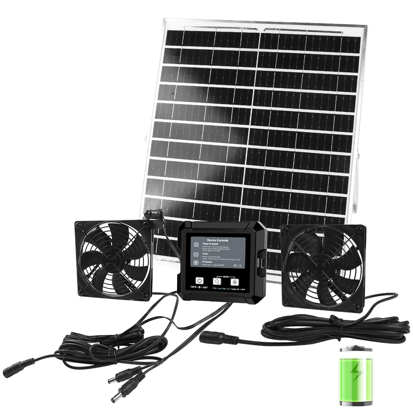 Ventilatore solare per pollaio con batteria, kit doppio ventilatore di scarico solare, 3 modalità intelligenti controller (continuo/timer/sensore di movimento), ventola di ventilazione ad
