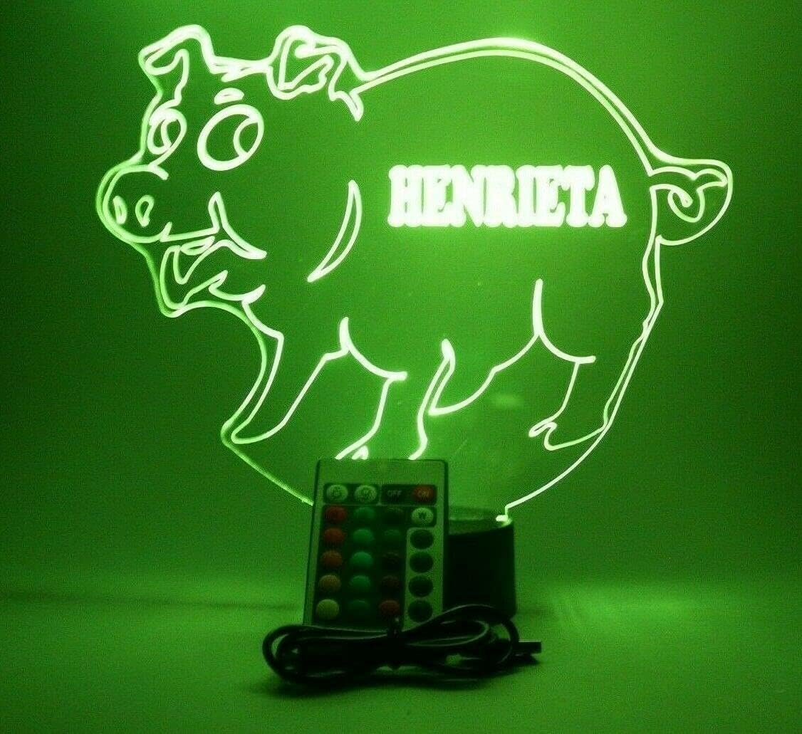 MIRROR MANIA Pig Swine Hog Piggy Night Light Up Lamp LED Free Engraved Custom Name Personalized Table Desk Lamp, with Remote, 16 Different Color Options, Dimmer, It's Wow, Great Gift