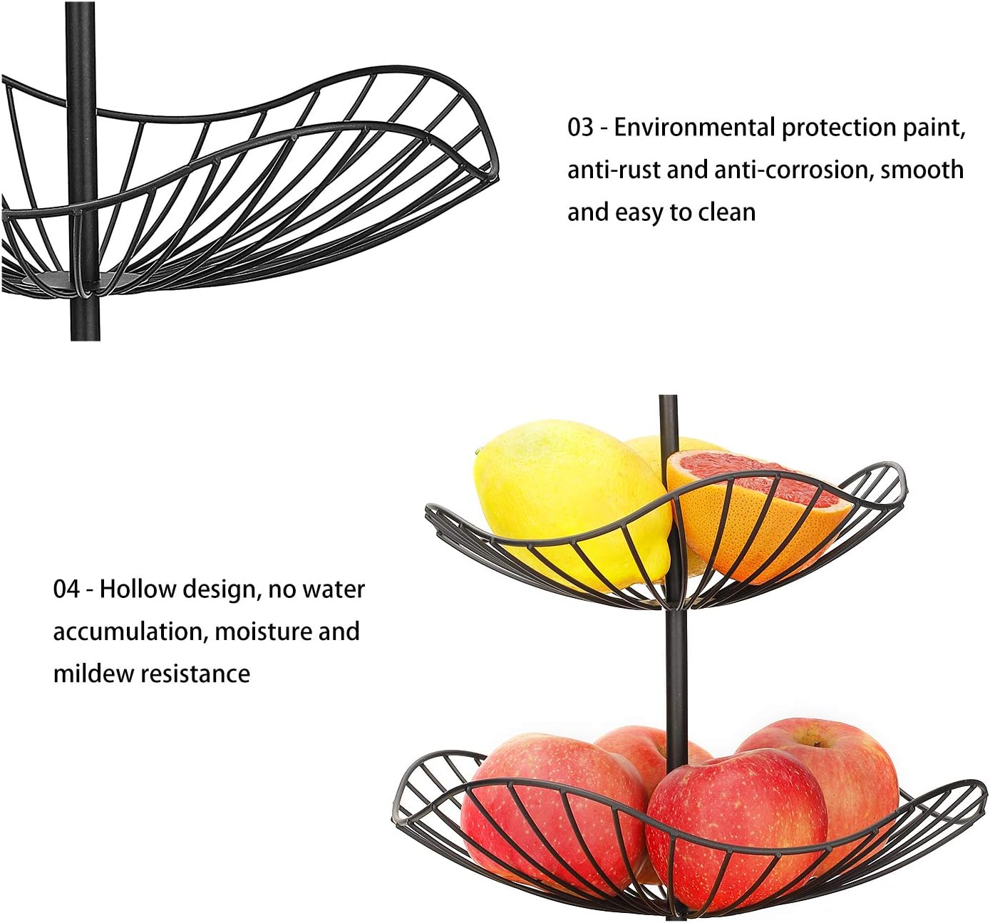 FOYO 3-Tier Fruit Basket Bowl, Countertop Fruit Stand Separable Basket for Vegetables, Snacks, Household Items - Metal Cast Iron Black