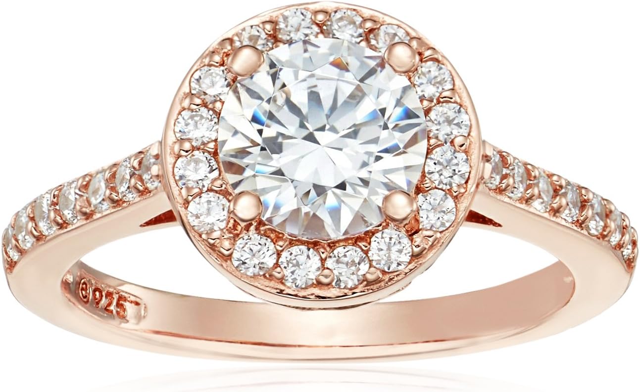 Amazon Essentials Platinum or Gold Plated Sterling Silver Round Halo Ring Made with Infinite Elements Zirconia