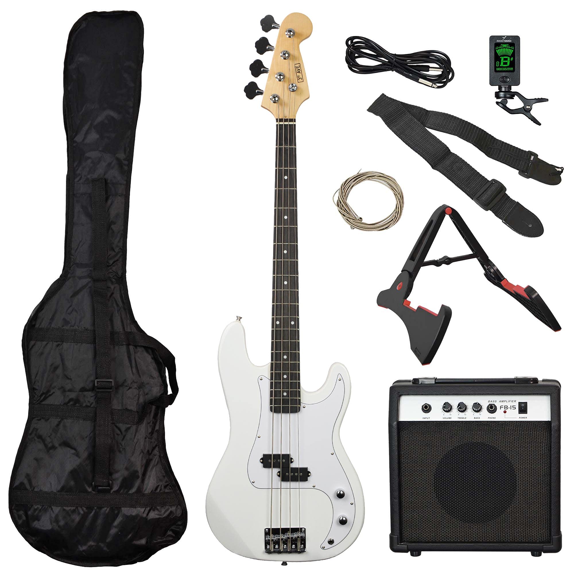Buy 3rd Avenue Full Size 4/4 Electric Bass Guitar Beginner Pack Kit with 15W Amplifier, Tuner