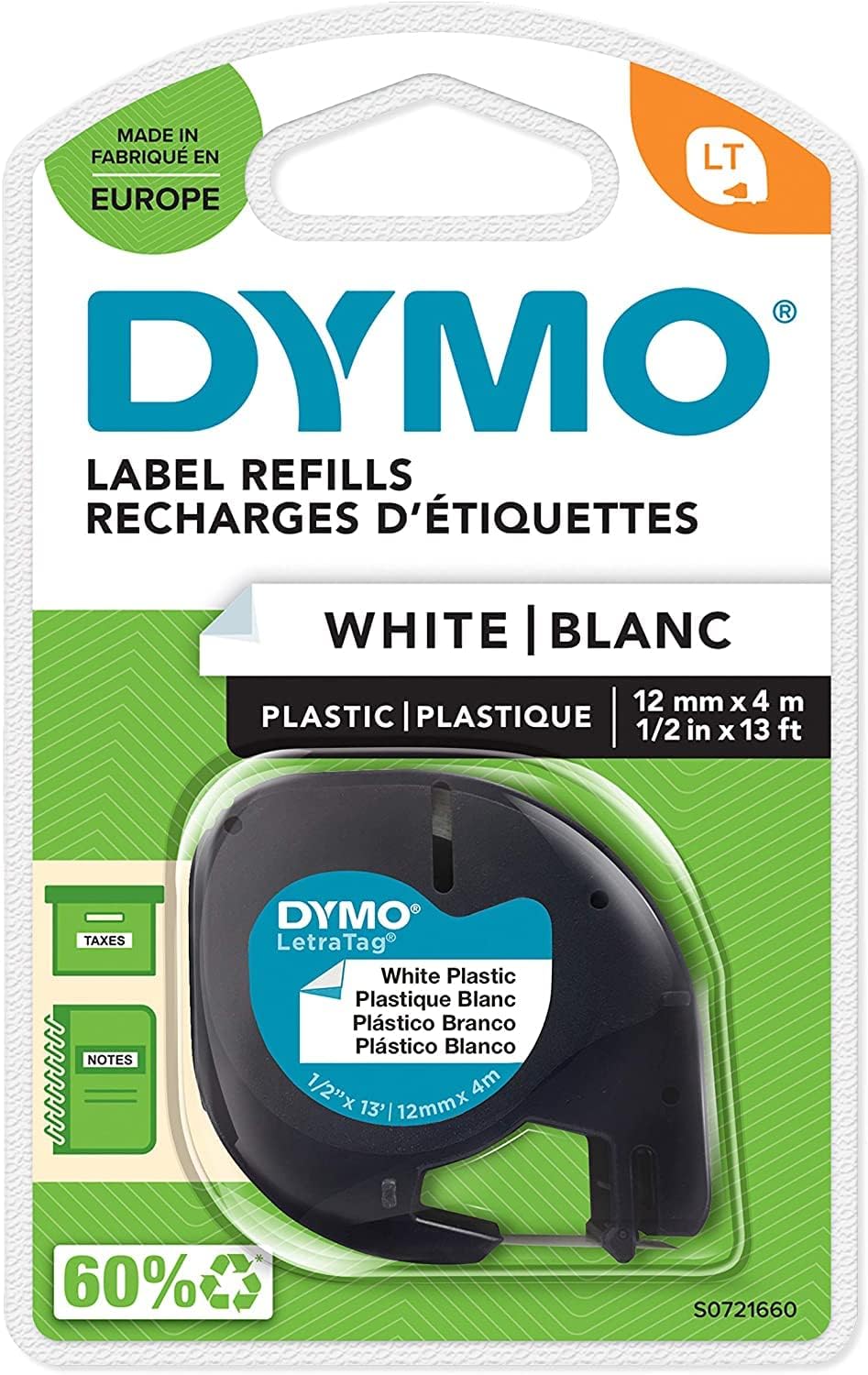 Letratag Plastic Tape, Self Adhesive, 12 Mm X 4 M Roll, Black Print On White, S0721660