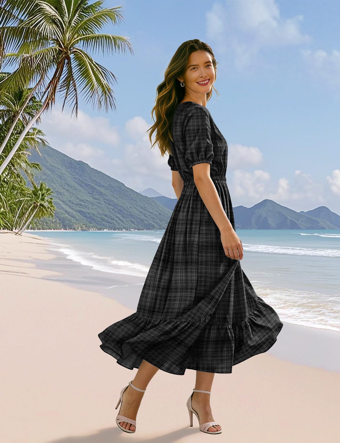 YESNO Women's Summer Floral Maxi Dresses Boho Puff Sleeve Casual Drawstring Ruffle Tiered Hem Beach Dress with Pockets ECS - Image 5