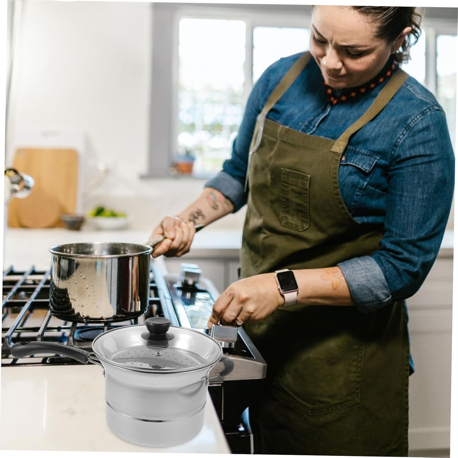 1 Set Stainless Steel Multi Purpose Fryer Pot with Basket and Lid Deep Frying Cooking Saucepan for Chips Vegetables Meat Scald Handle Non Slip Base
