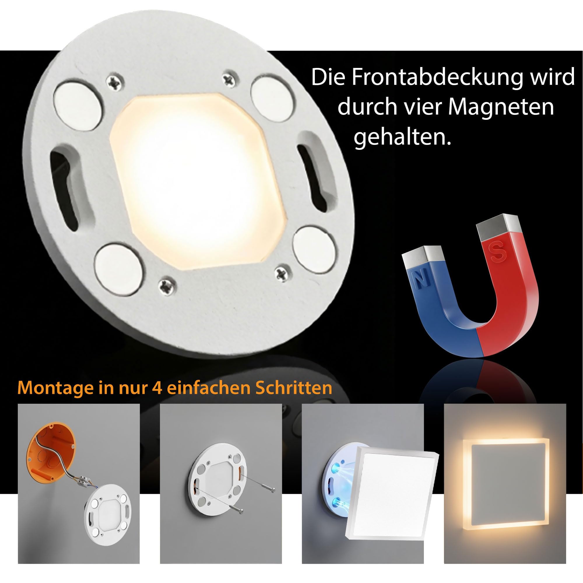 Maxkomfort LED Treppenbeleuchtung 230V Indirektes Licht Acryl-Seitenlicht Wandeinbauleuchte Eckig Schwarz Weiß Halo-Effekt 140lm Warmweiß 3000K Magnetisch für Schalterdose Ø 60mm - 6109 (weiß, eckig)