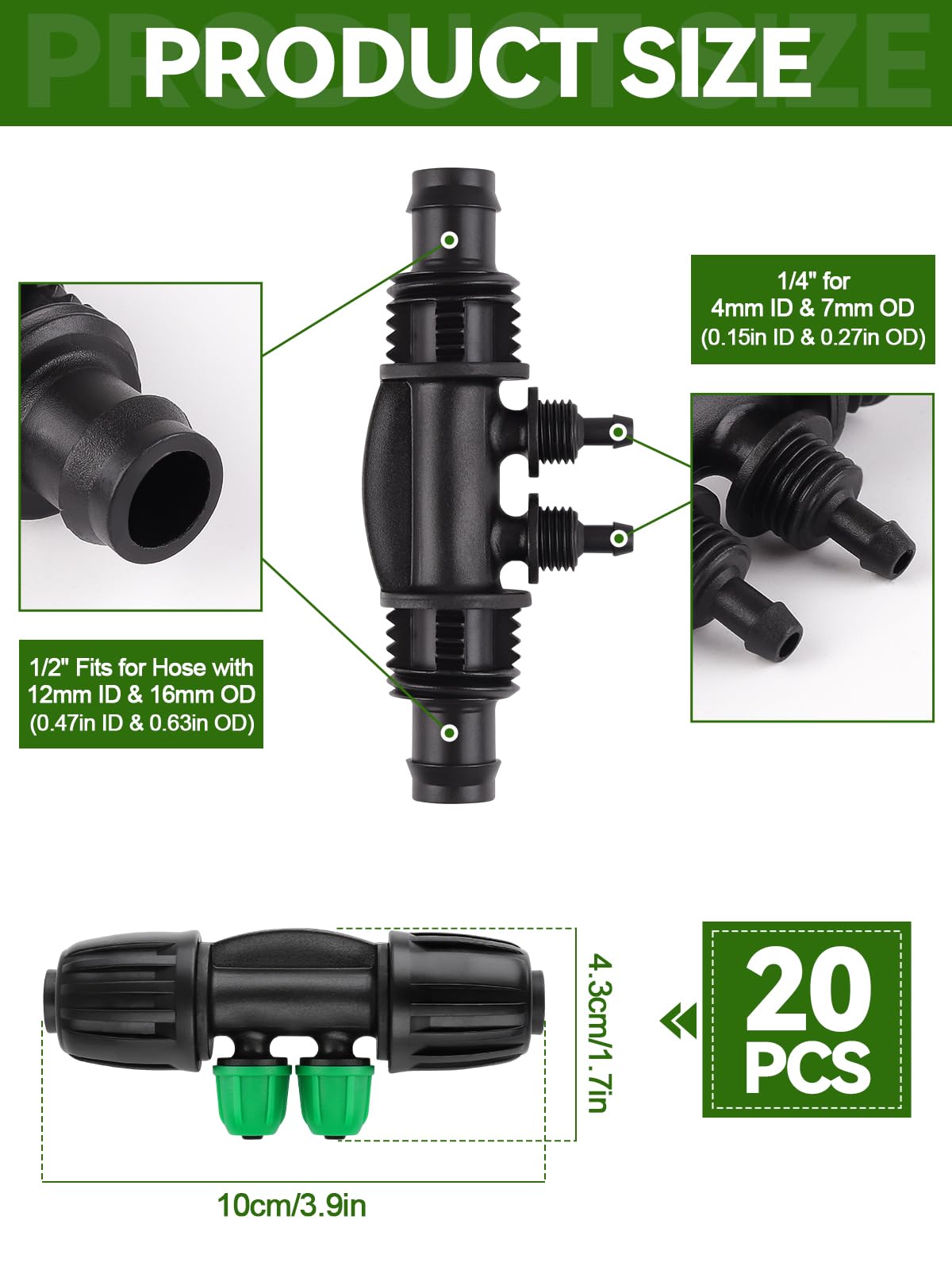 20 Pièces Connecteurs T Barbelé Verrouillés, Kalolary Kit Raccords d'Irrigation Goutte 1/2 à 1/4" Connecteur Femelle Verrouillage 12/16 à 4/7 mm d'Irrigation Verrouillage Barbelé 4 Voies (Noir Vert)