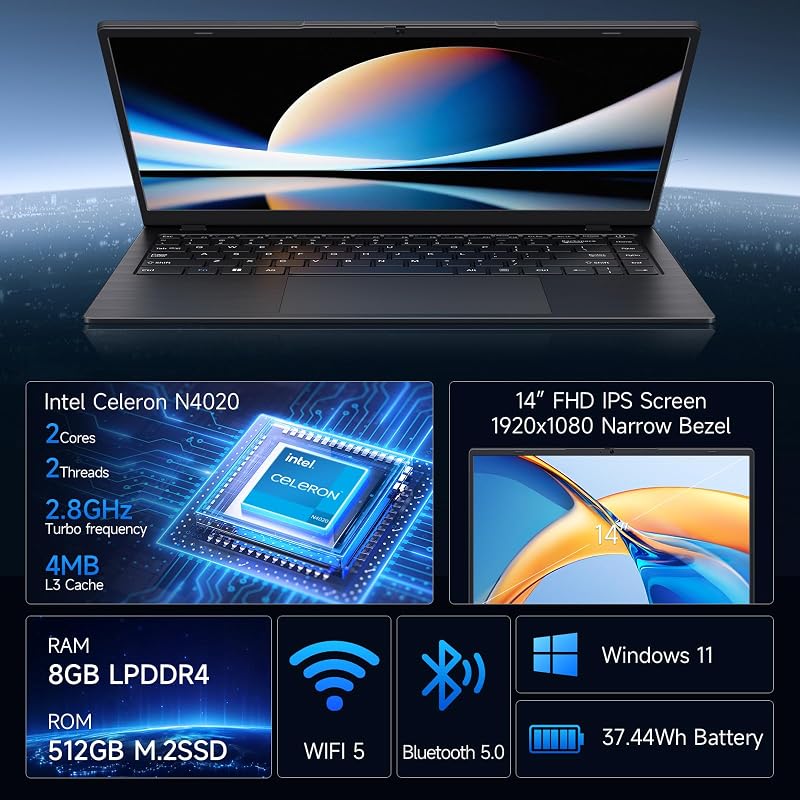 SHBIV 14" FHD Laptop Computer, 8GB RAM 512GB SSD, Celeron N4020 (Up to 2.8GHz), Office Suite, WiFi, BT5, HDMI, RJ45, Long Battery Life, Thin & Portable Laptops for Business, School, Home image 3