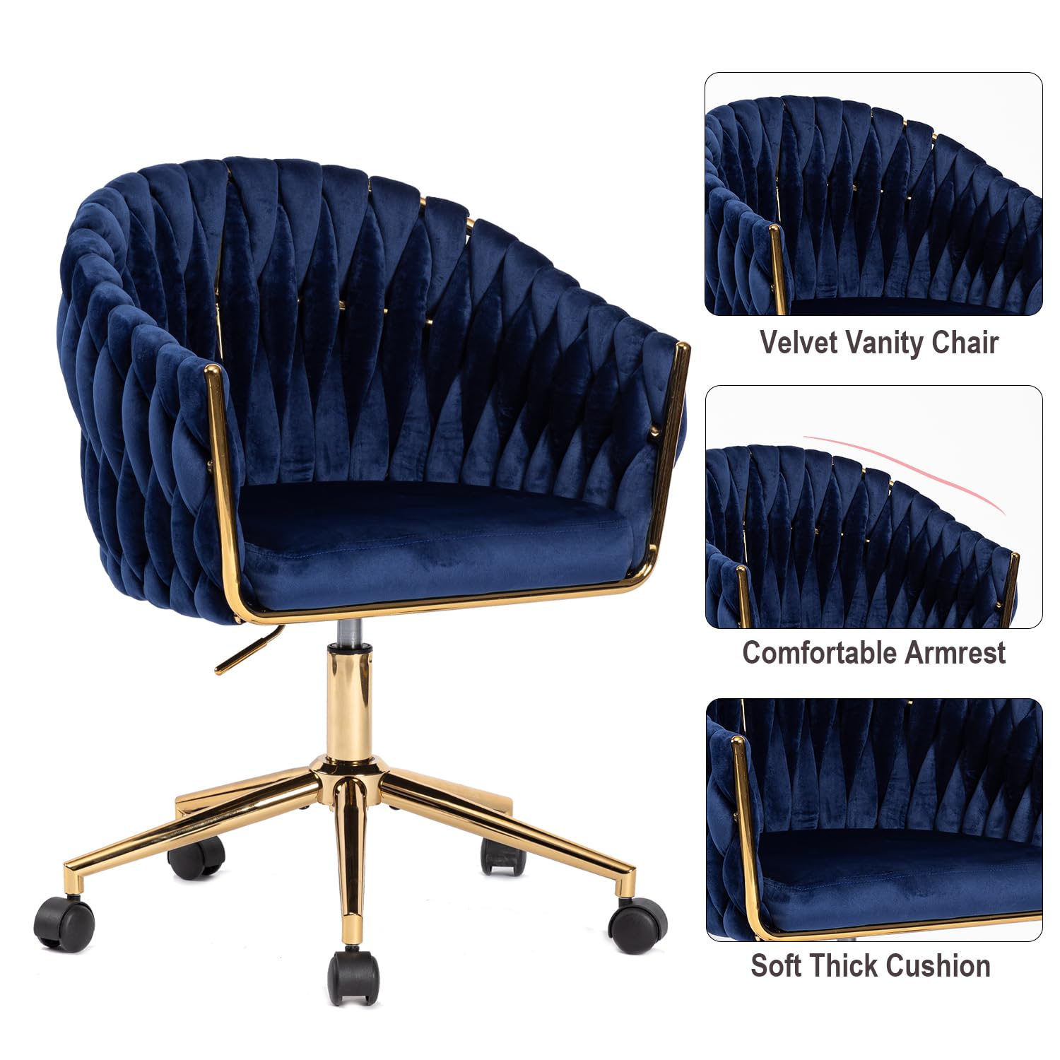 Comermax Velvet Office Chair with Hand Woven,  Vanity Chairs with Golden Wheels, 360° Swivel Home Office Desk Chair Computer Chairs, Accent Chair Makeup Chair for Bedroom, Living Room(Black): Blue