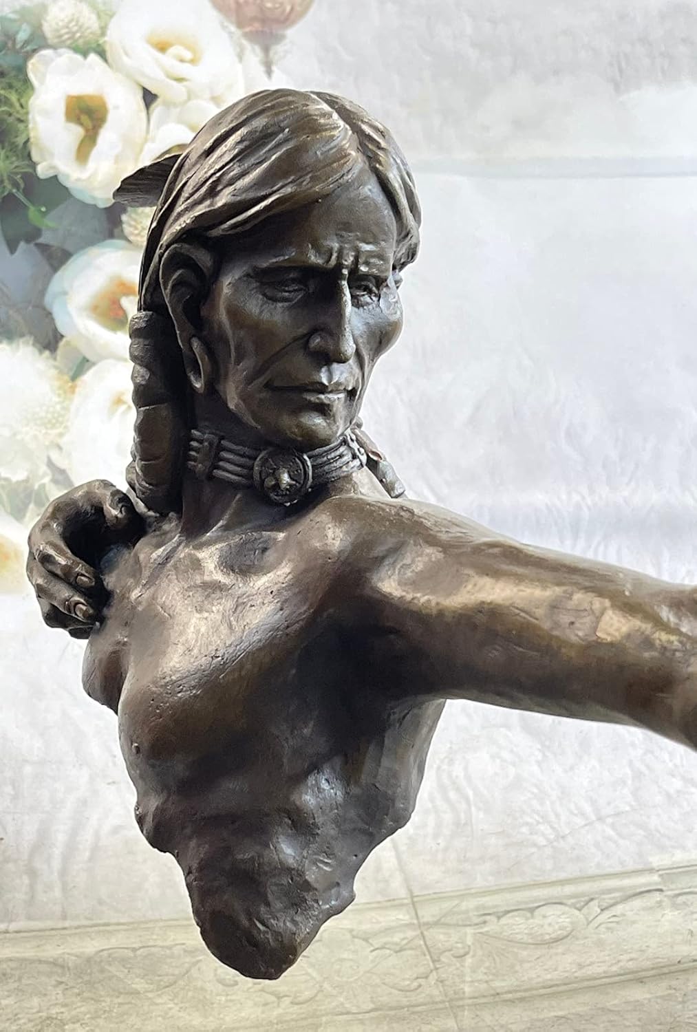 Native American Indian Warrior Chief Bronze Bust Sculpture Statue Figurine Art