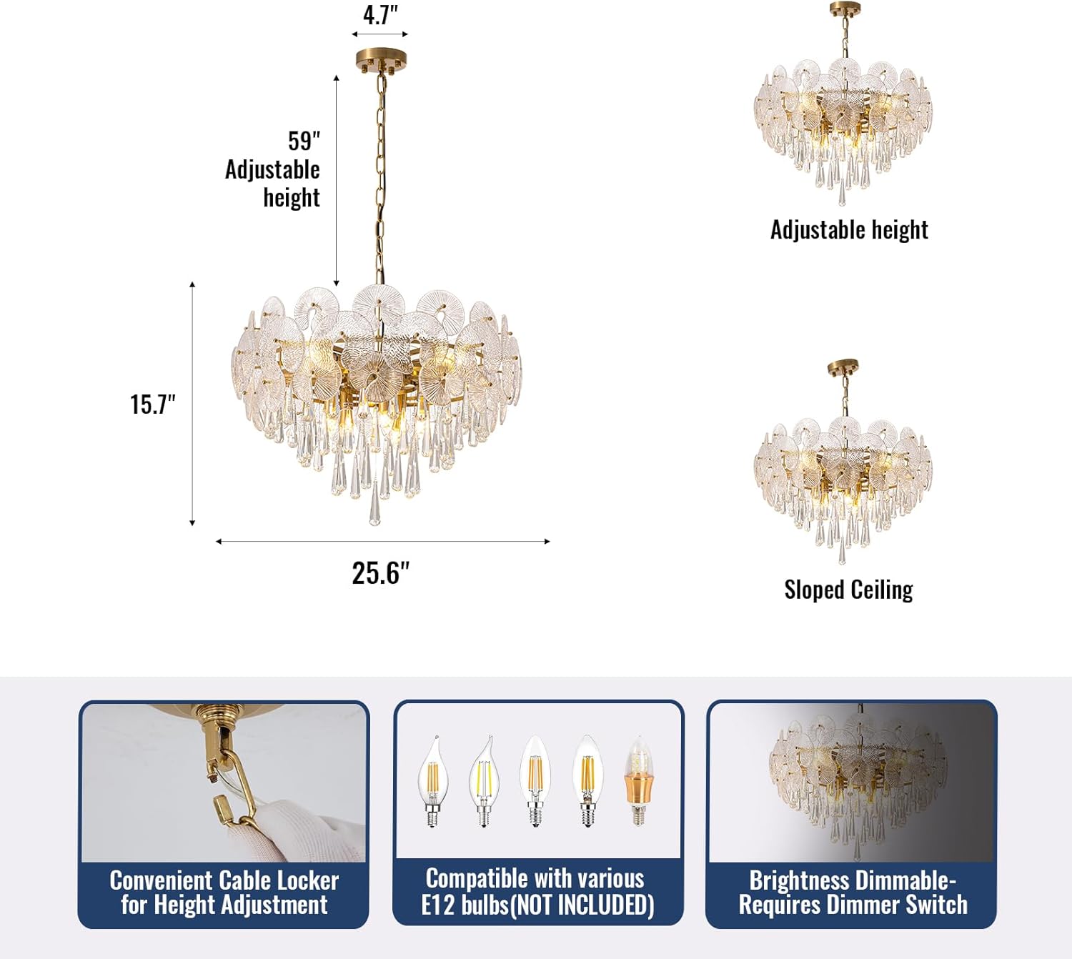 26-inch Crystal Chandelier,10-Light Modern Luxury Chandelier for Dining Room,Living Room,Entryway,Foyer,Bedroom,59" Adjustable Height Chain,25.6"x15.7"